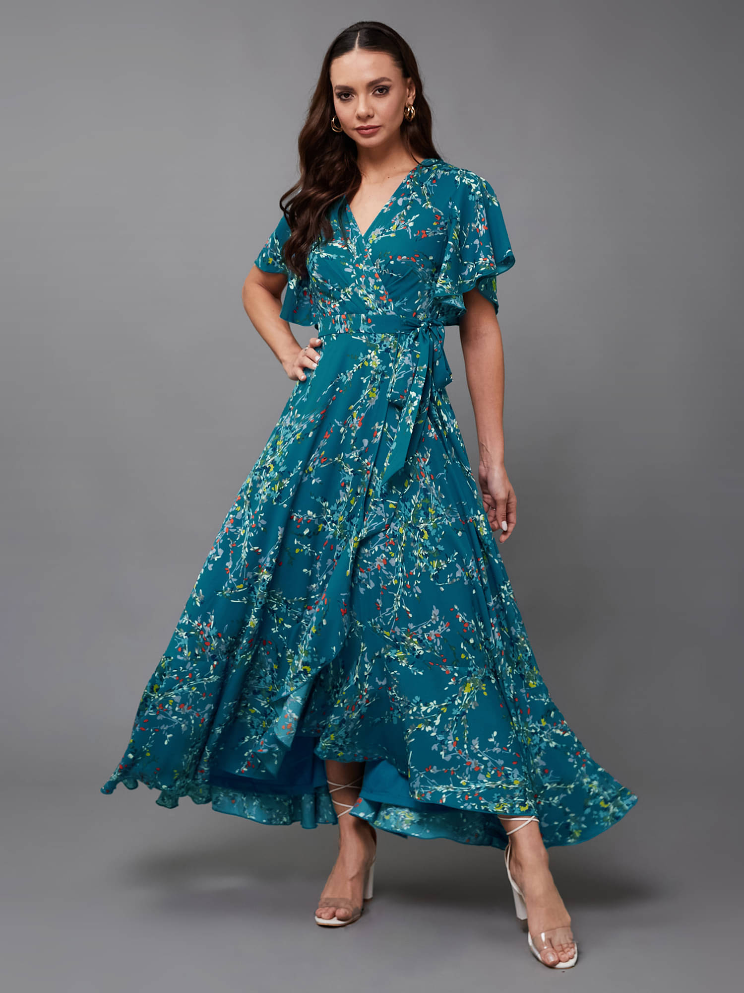 Miss Chase Women Crepe Printed Wrap Dress ( Turquoise ) Miss Chase Women Crepe Printed Wrap Dress ( Turquoise )