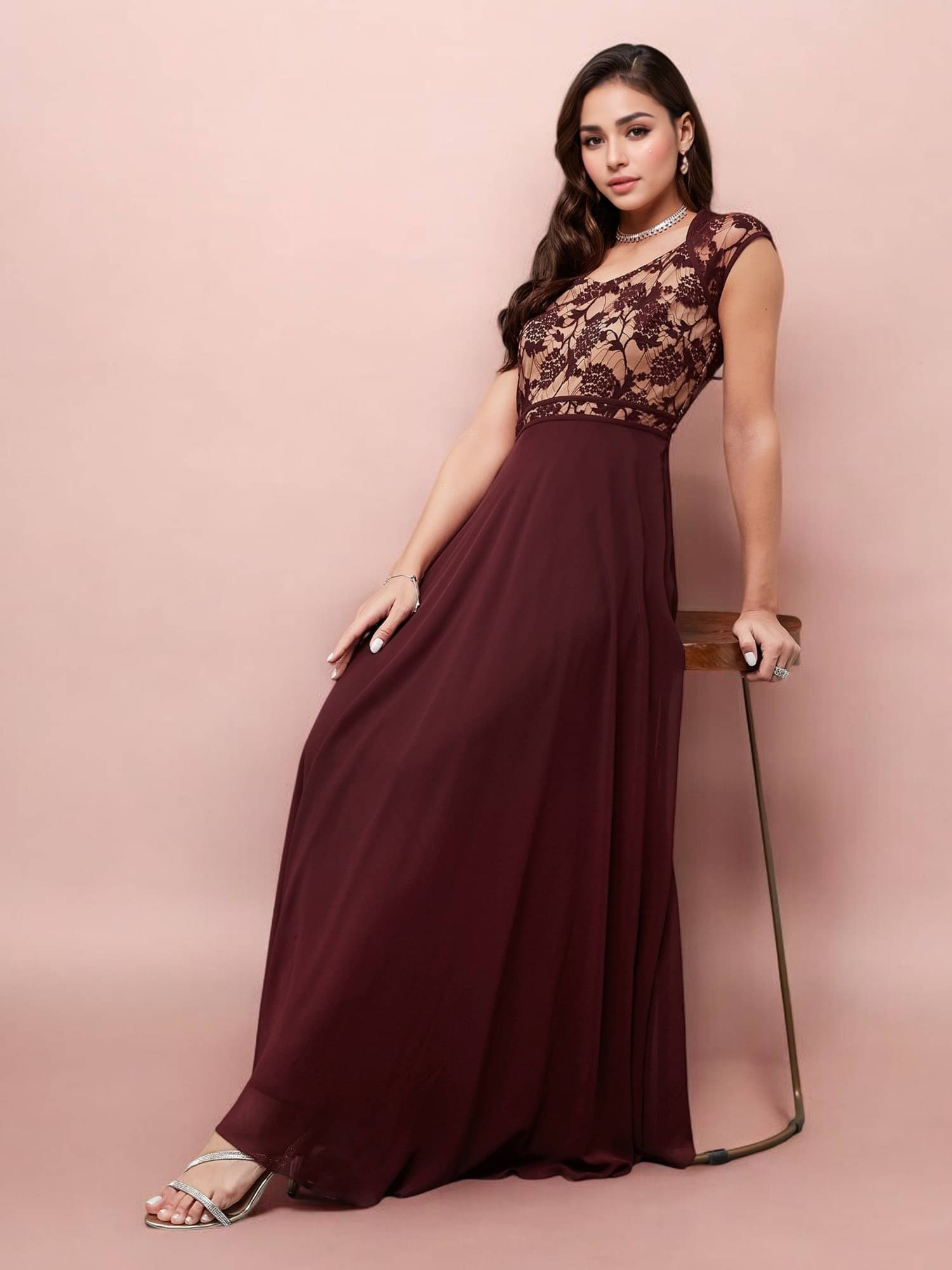     			Miss Chase Women Georgette Printed Fit & Flare Dress ( Wine )