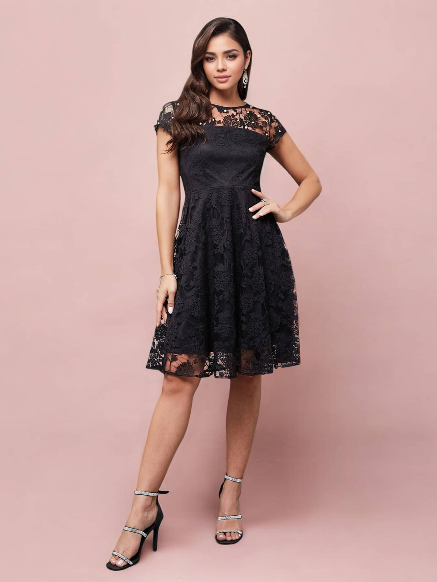     			Miss Chase Women Lace Self Design Fit & Flare Dress ( Black )