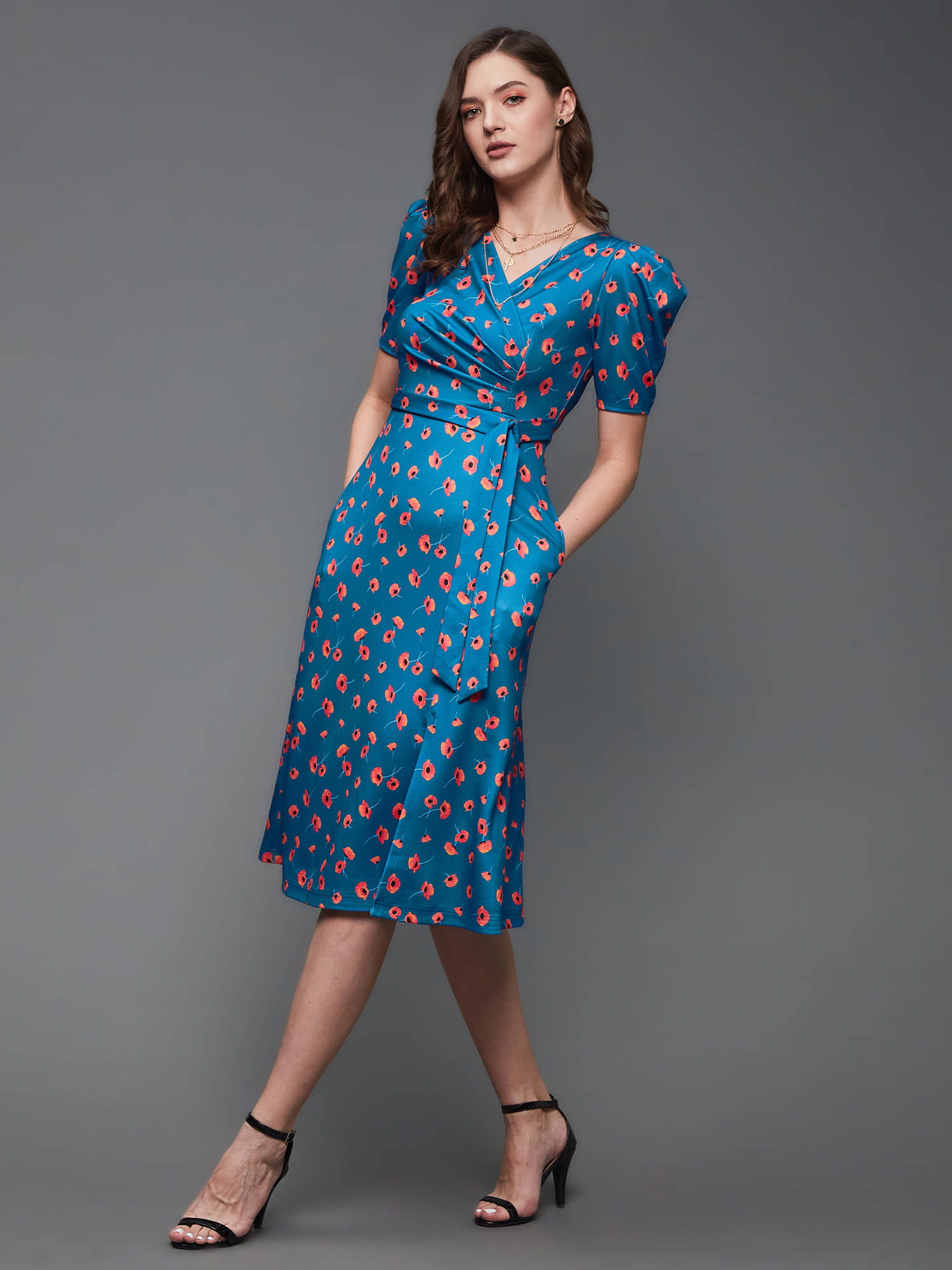 Miss Chase Women Polyester Printed Wrap Dress ( Blue ) Miss Chase Women Polyester Printed Wrap Dress ( Blue )