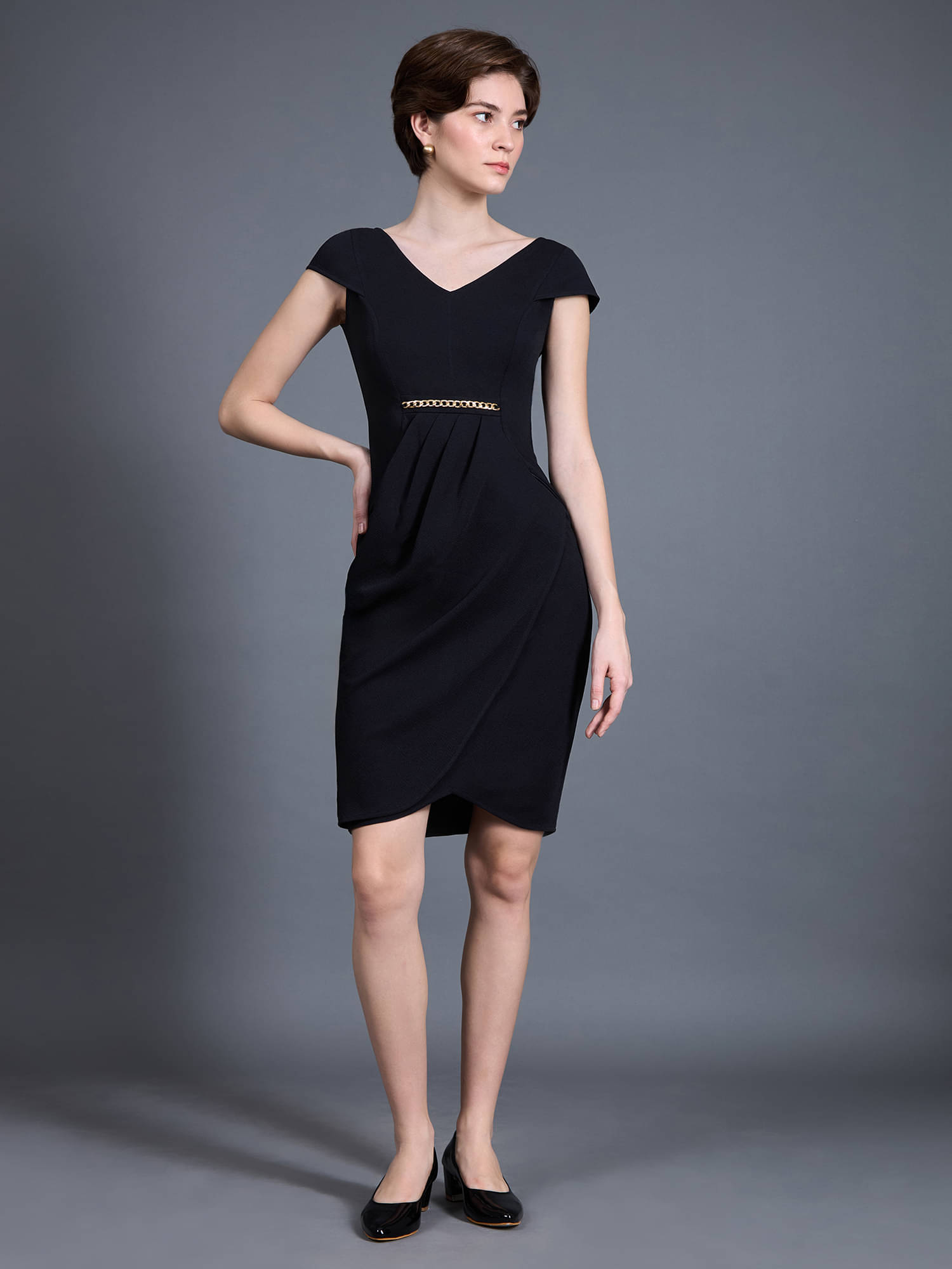 Miss Chase Women Polyester Solid Wrap Dress ( Black ) Miss Chase Women Polyester Solid Wrap Dress ( Black )