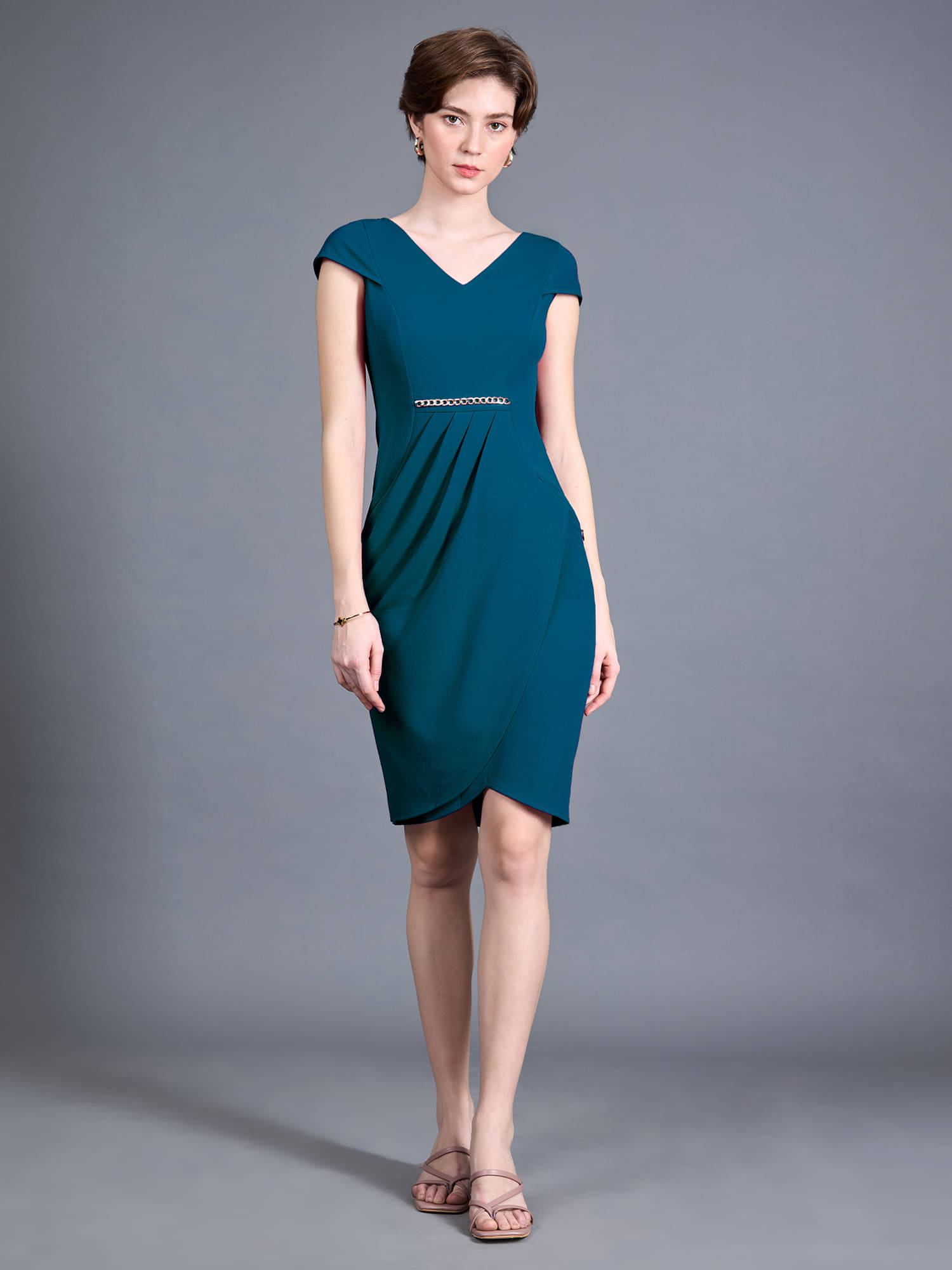 Miss Chase Women Polyester Solid Wrap Dress ( Teal )     			Miss Chase Women Polyester Solid Wrap Dress ( Teal )