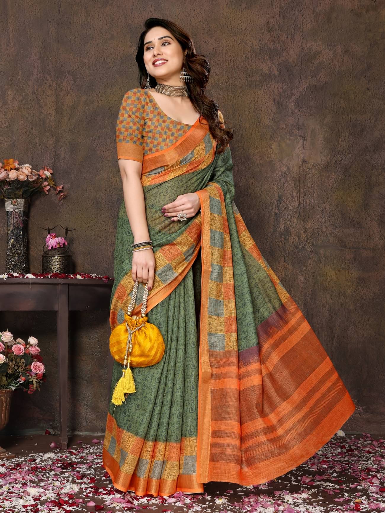     			NightBlue Cotton Printed Saree With Unstitched Blouse Piece ( Mint Green )