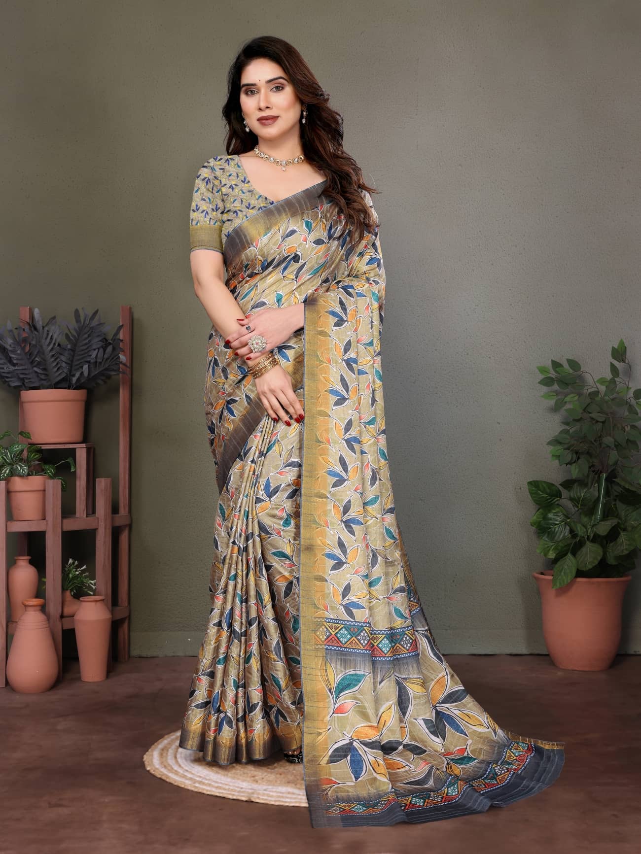 NightBlue Cotton Printed Saree With Unstitched Blouse Piece ( Gold ) - Sarees | Buy online on ZillyBuy