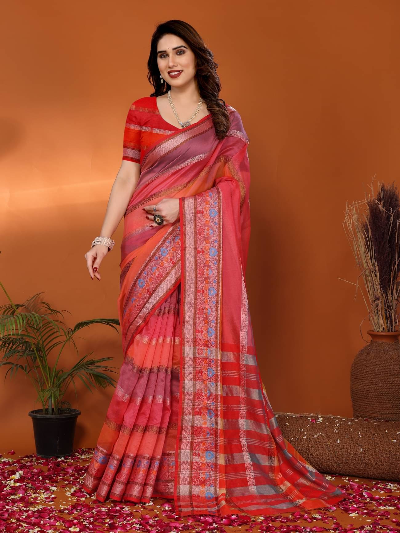     			NightBlue Organza Striped Saree With Unstitched Blouse Piece ( Red )