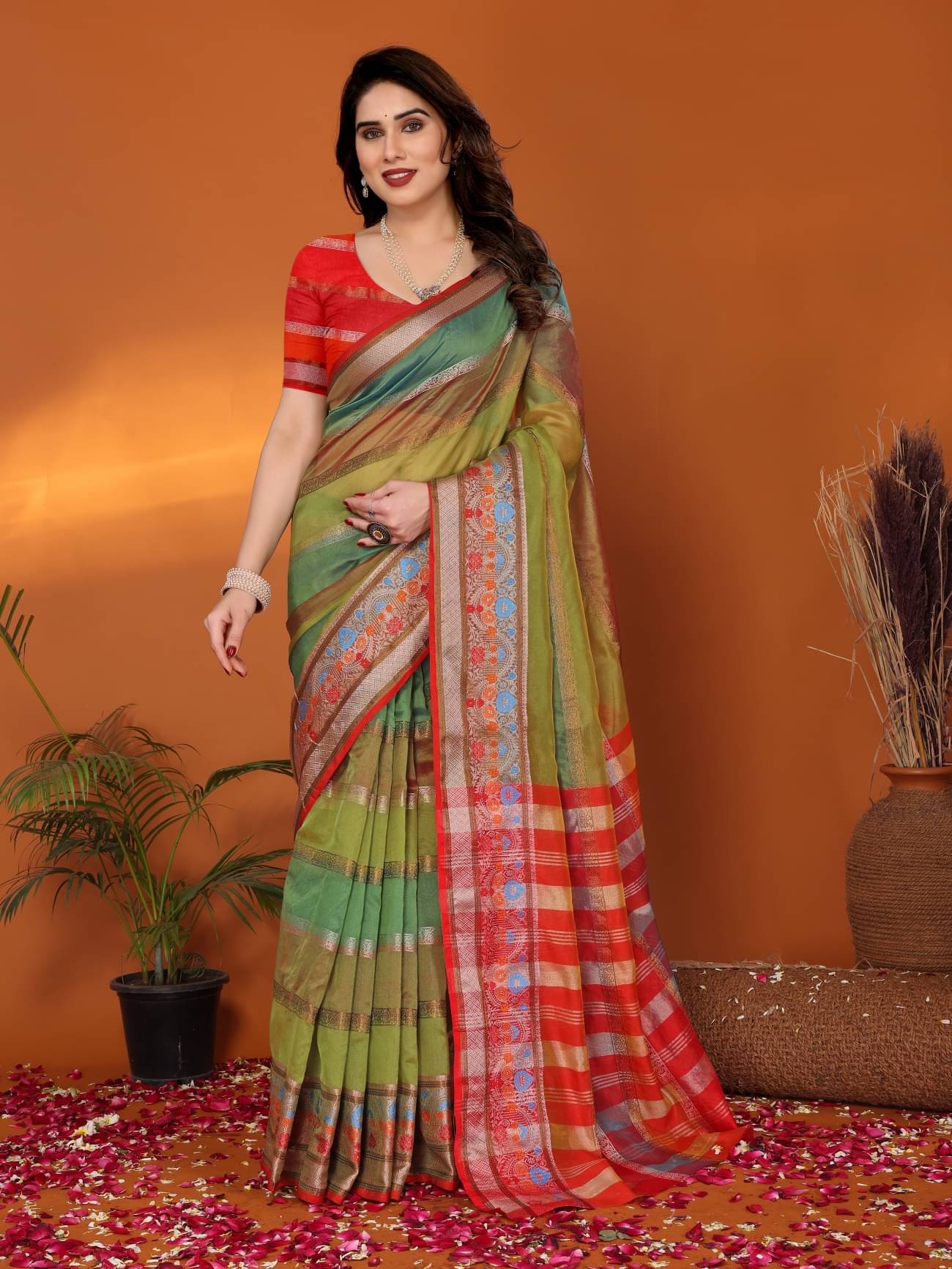 NightBlue Organza Striped Saree With Unstitched Blouse Piece ( Green ) NightBlue Organza Striped Saree With Unstitched Blouse Piece ( Green )