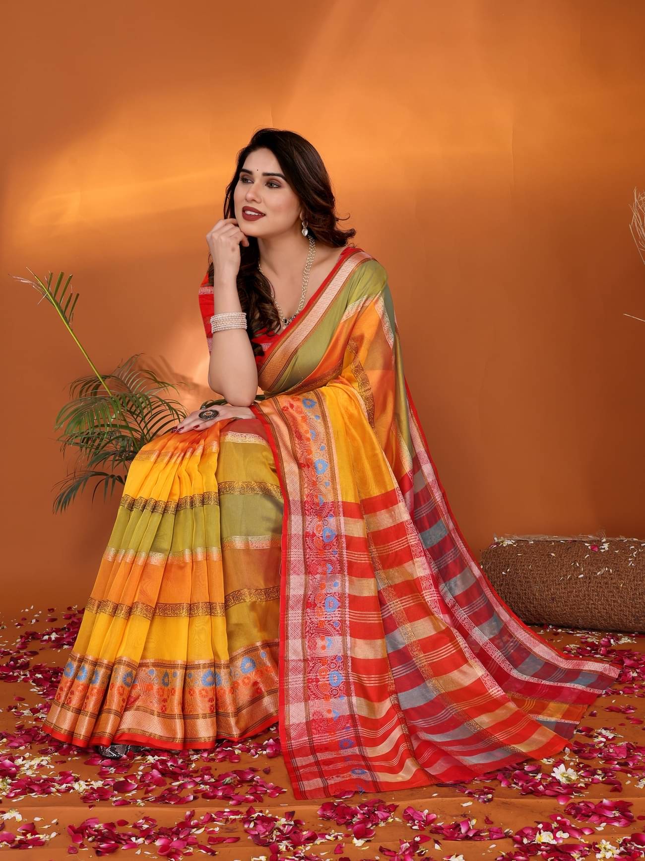     			NightBlue Organza Striped Saree With Unstitched Blouse Piece ( Yellow )