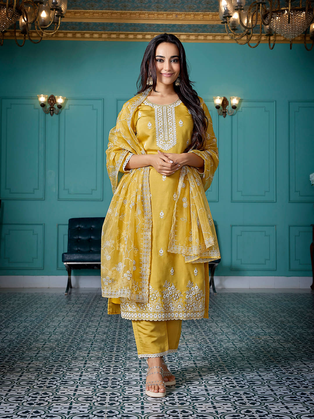     			Royal Export Chanderi Embroidered Kurti With Pants Women's Stitched Salwar Suit - Yellow ( Pack of 1 )