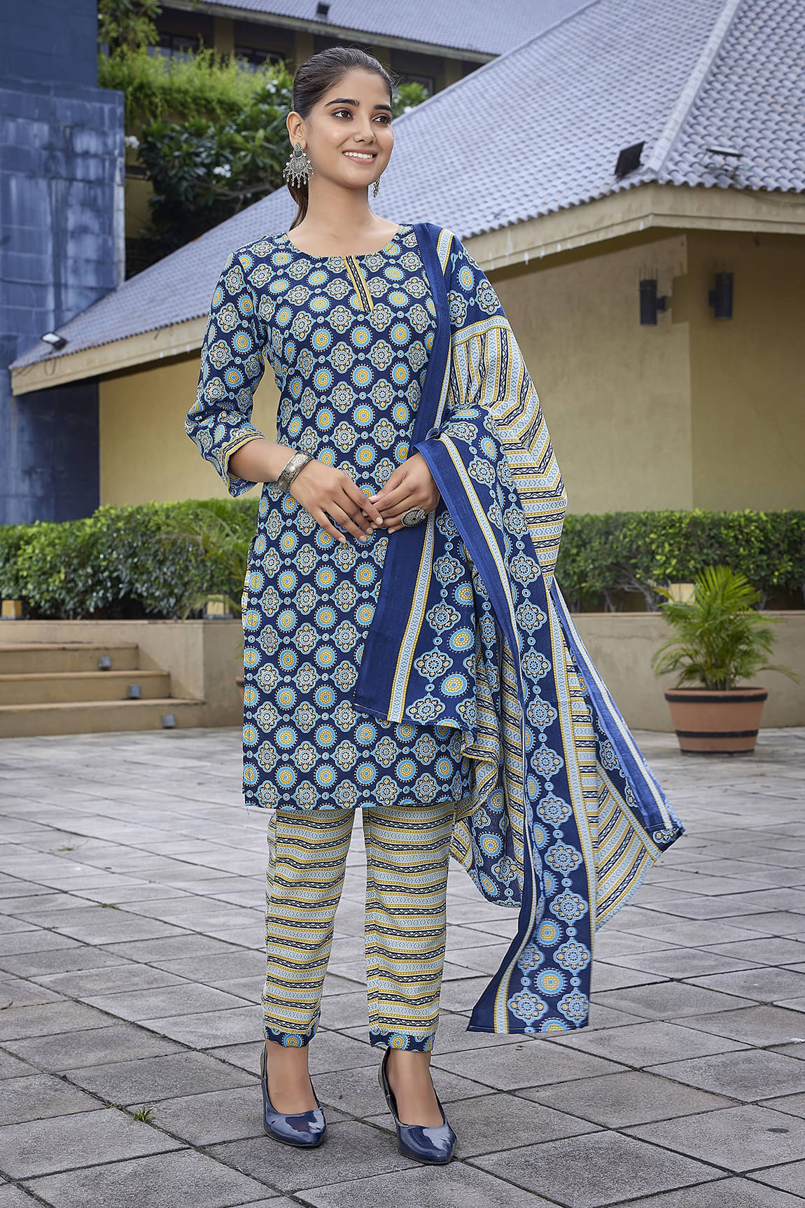 Royal Export Cotton Blend Printed Kurti With Pants Women's Stitched Salwar Suit - Blue ( Pack of 1 )     			Royal Export Cotton Blend Printed Kurti With Pants Women's Stitched Salwar Suit - Blue ( Pack of 1 )