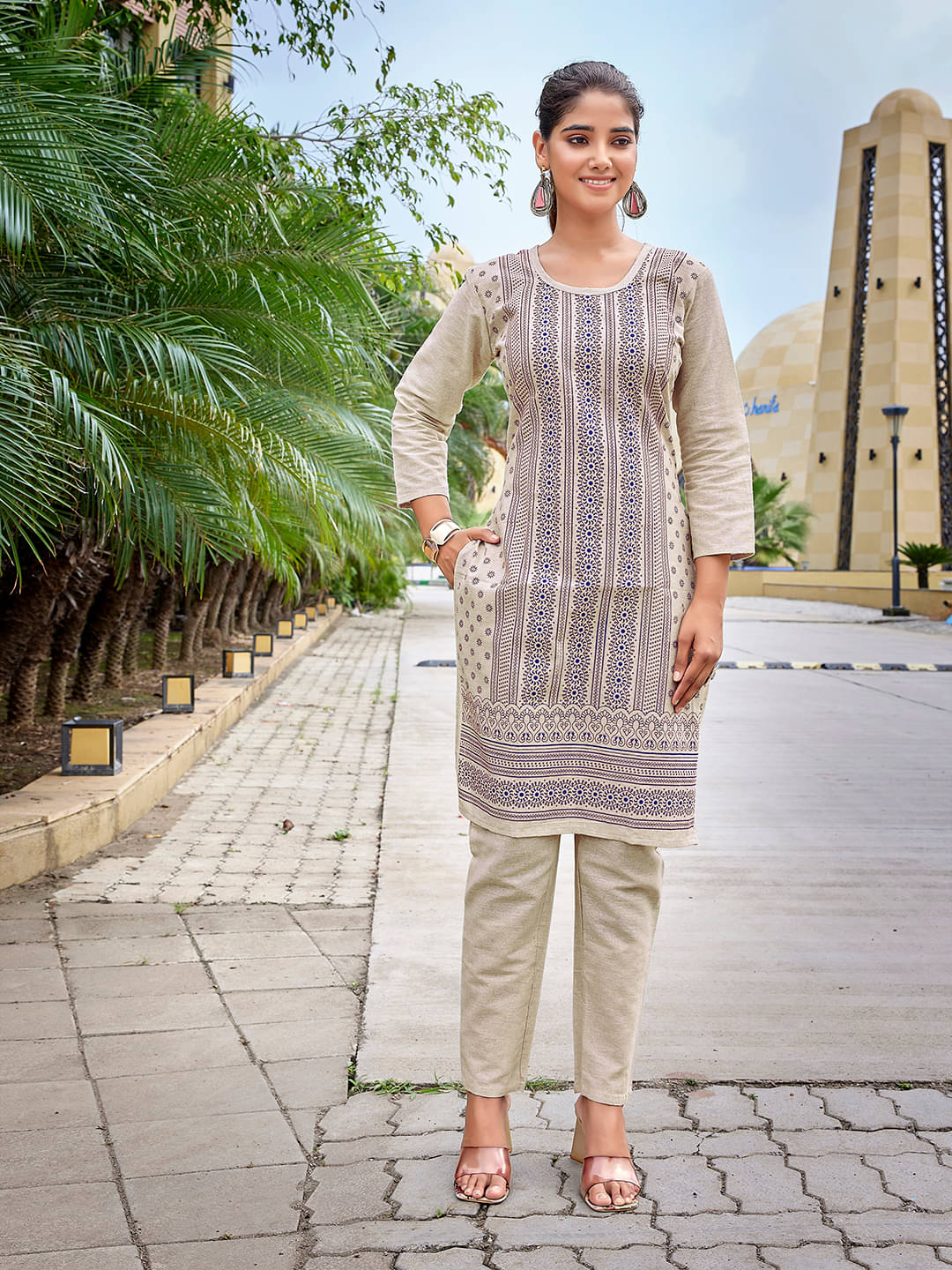     			Royal Export Cotton Printed Kurti With Pants Women's Stitched Salwar Suit - Beige ( Pack of 1 )