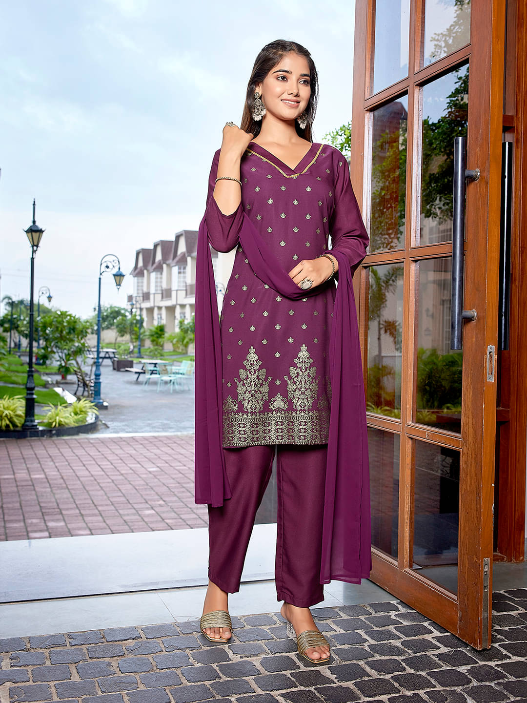     			Royal Export Crepe Printed Kurti With Pants Women's Stitched Salwar Suit - Purple ( Pack of 1 )