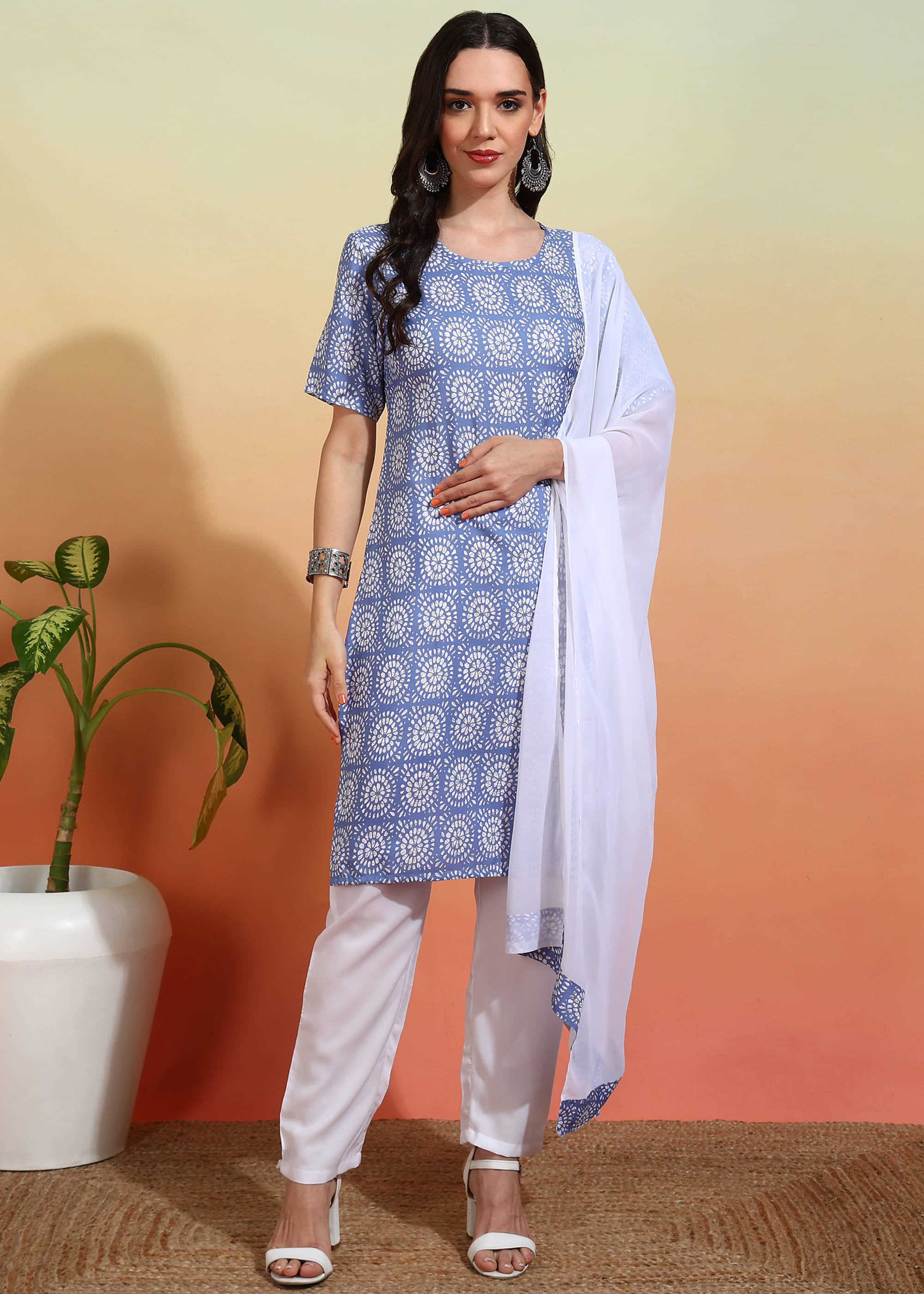     			Royal Export Crepe Printed Kurti With Pants Women's Stitched Salwar Suit - Light Blue ( Pack of 1 )