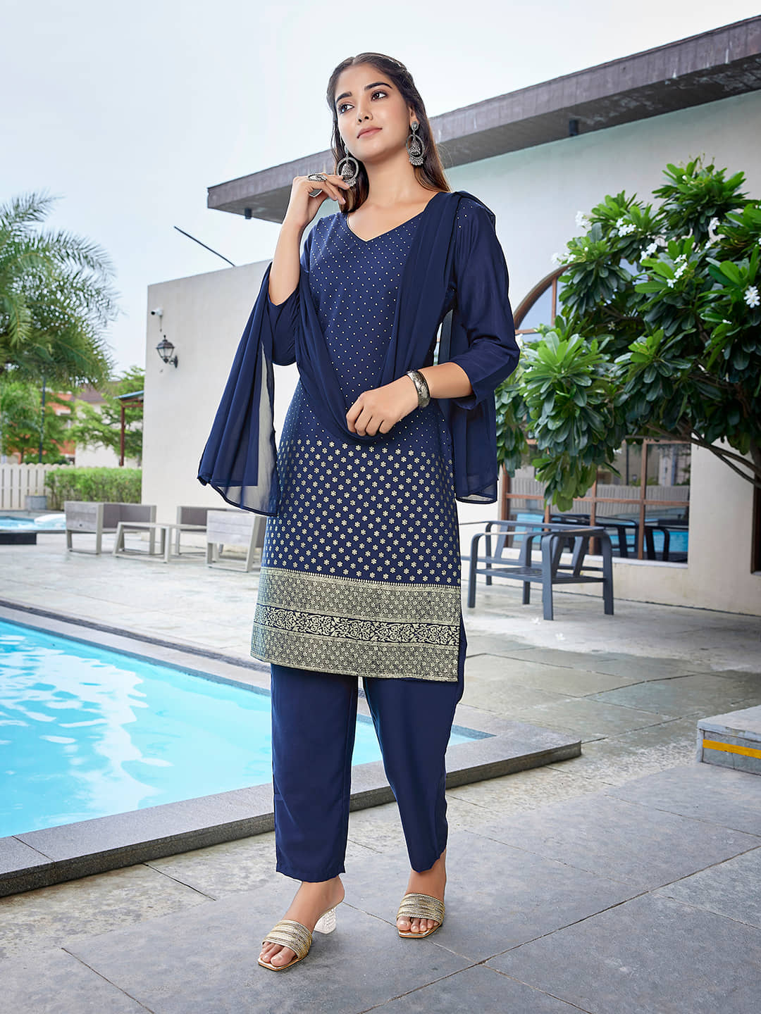 Royal Export Crepe Printed Kurti With Pants Women's Stitched Salwar Suit - Navy Blue ( Pack of 1 )