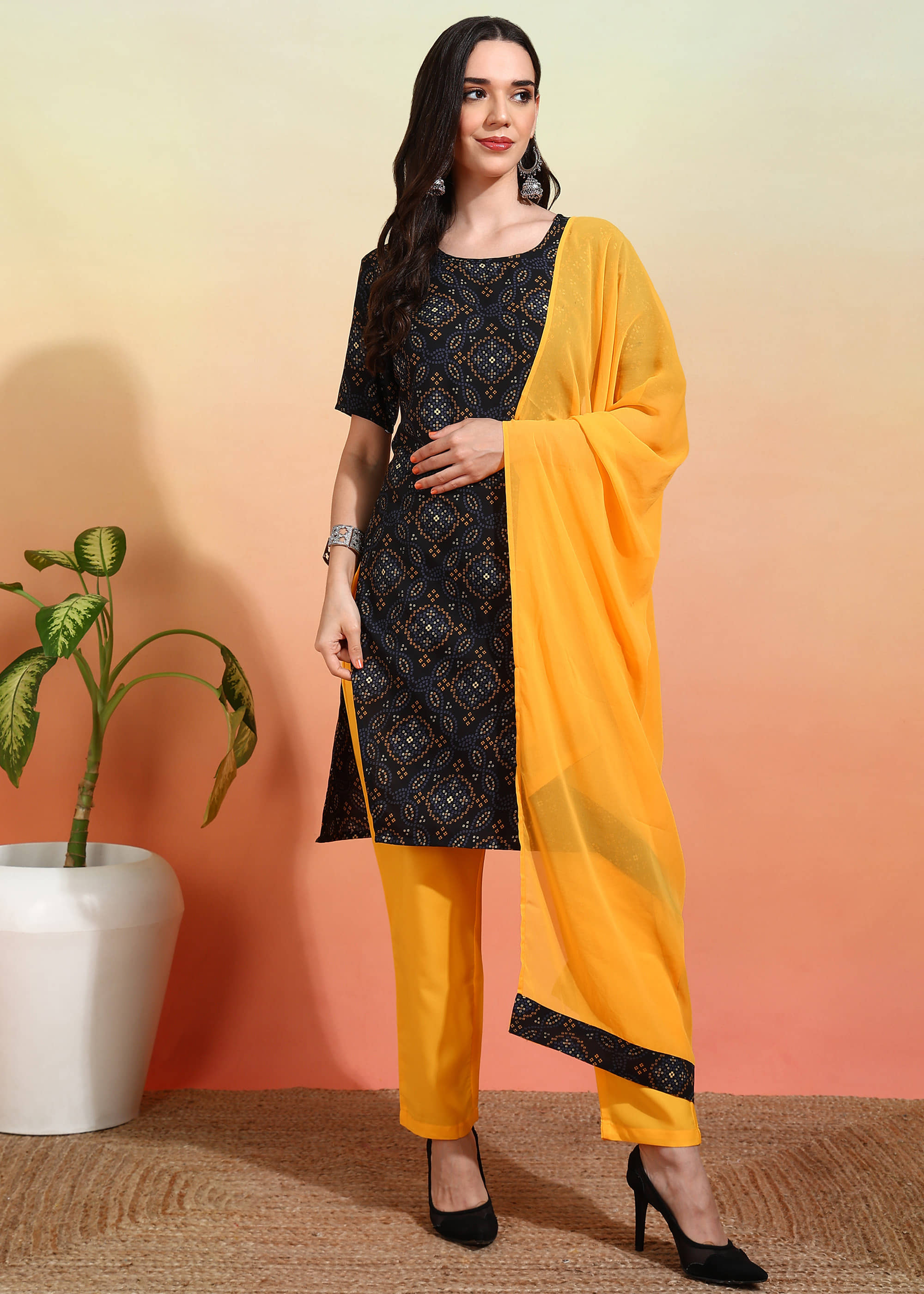 Royal Export Crepe Printed Kurti With Pants Women's Stitched Salwar Suit - Black ( Pack of 1 )