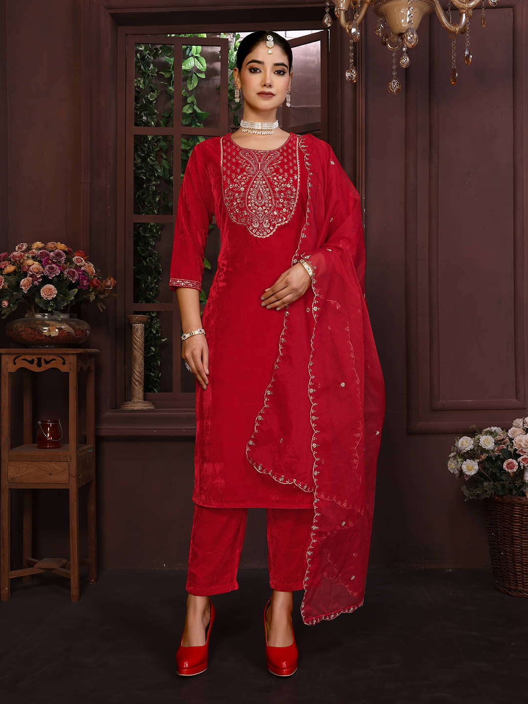Royal Export Velvet Embroidered Kurti With Pants Women's Stitched Salwar Suit - Red ( Pack of 1 ) Royal Export Velvet Embroidered Kurti With Pants Women's Stitched Salwar Suit - Red ( Pack of 1 )