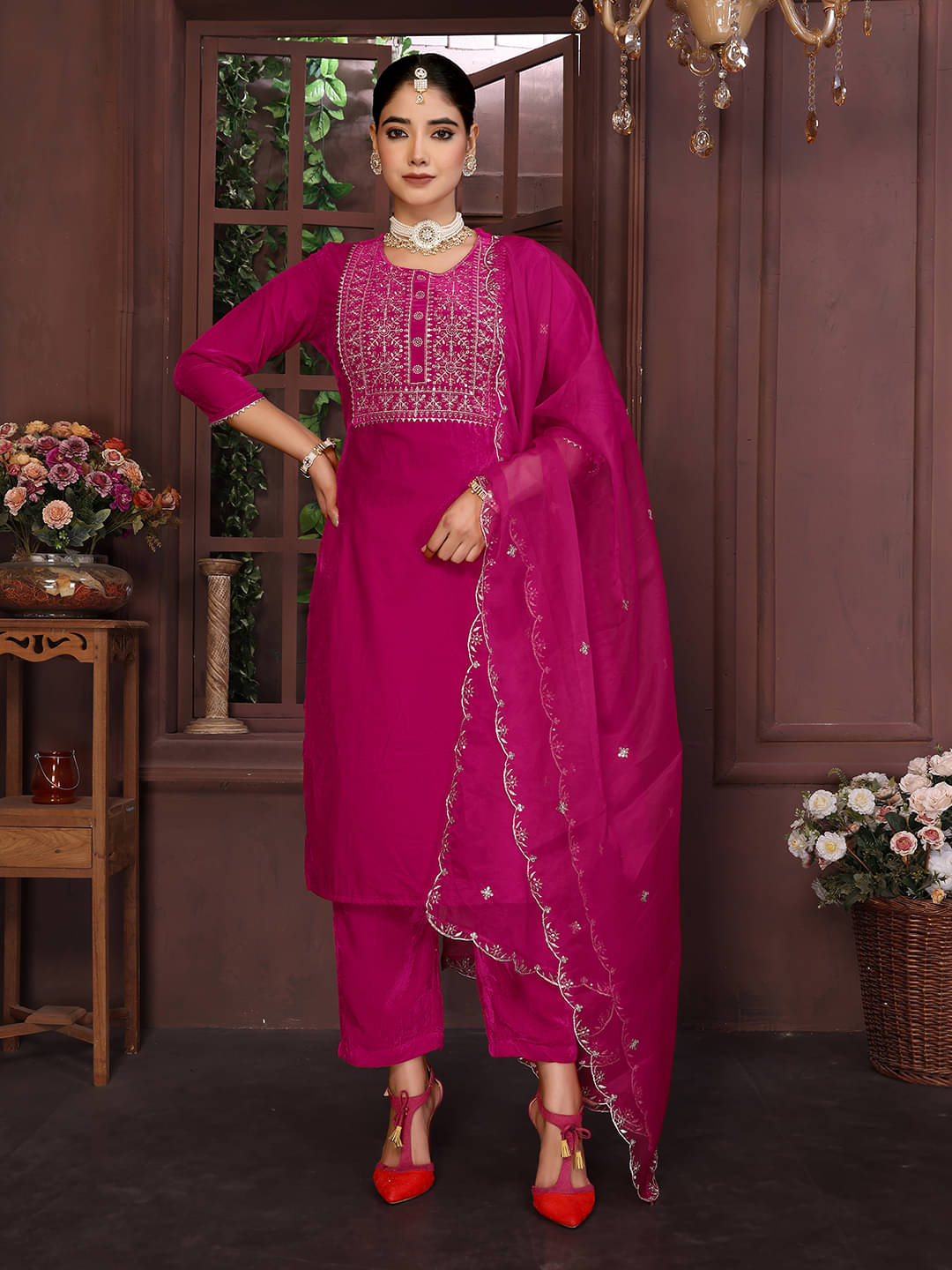     			Royal Export Velvet Embroidered Kurti With Pants Women's Stitched Salwar Suit - Pink ( Pack of 1 )