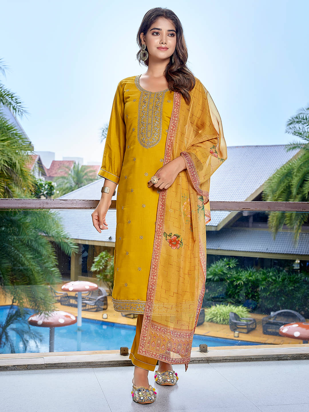 Royal Export Chanderi Embroidered Kurti With Pants Women's Stitched Salwar Suit - Green ( Pack of 1 )