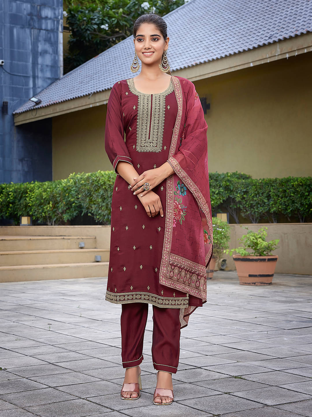 Royal Export Viscose Embroidered Kurti With Pants Women's Stitched Salwar Suit - Maroon ( Pack of 1 ) Royal Export Viscose Embroidered Kurti With Pants Women's Stitched Salwar Suit - Maroon ( Pack of 1 )