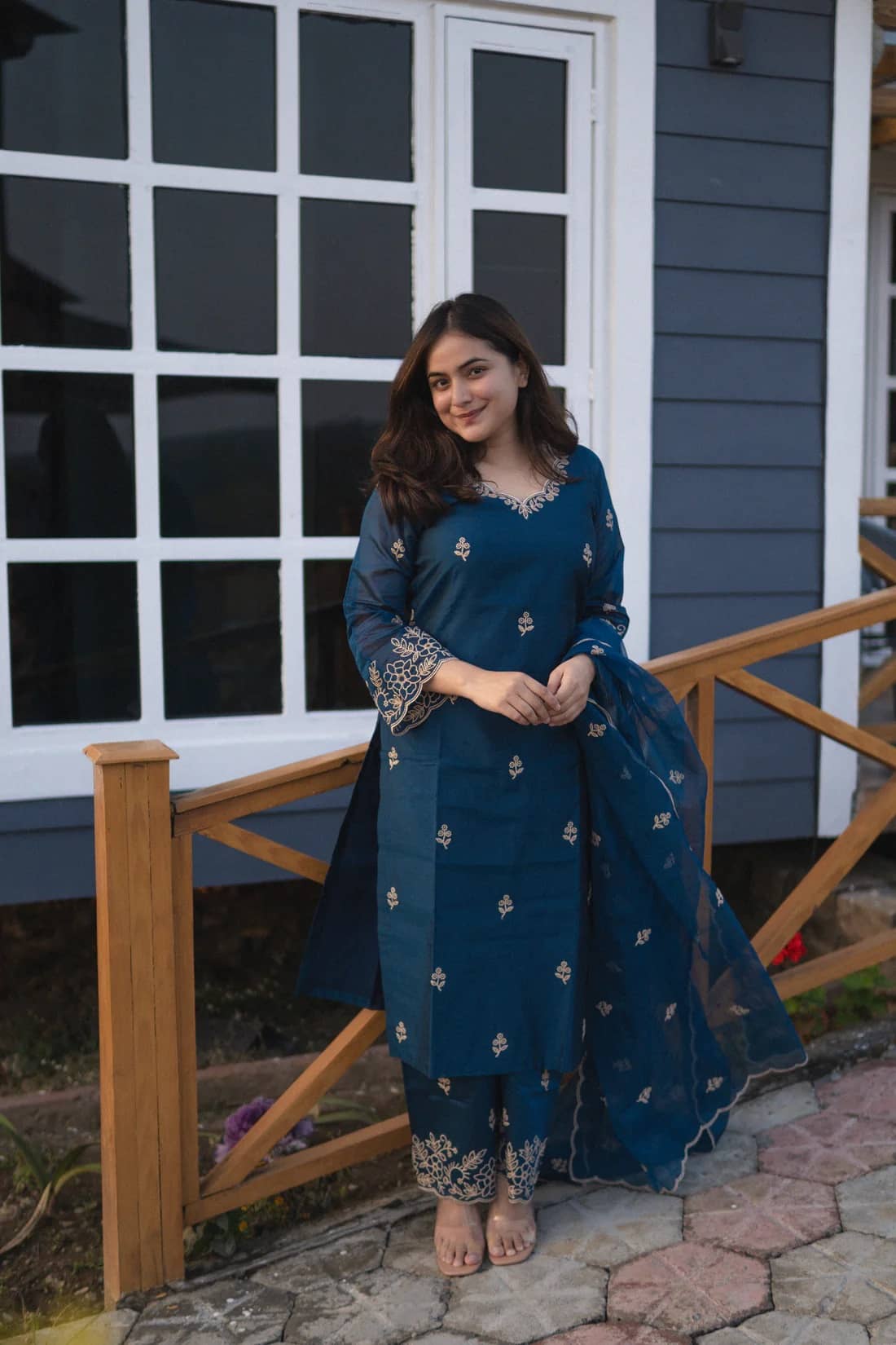 Royal Export Viscose Embroidered Kurti With Palazzo Women's Stitched Salwar Suit - Teal ( Pack of 1 )