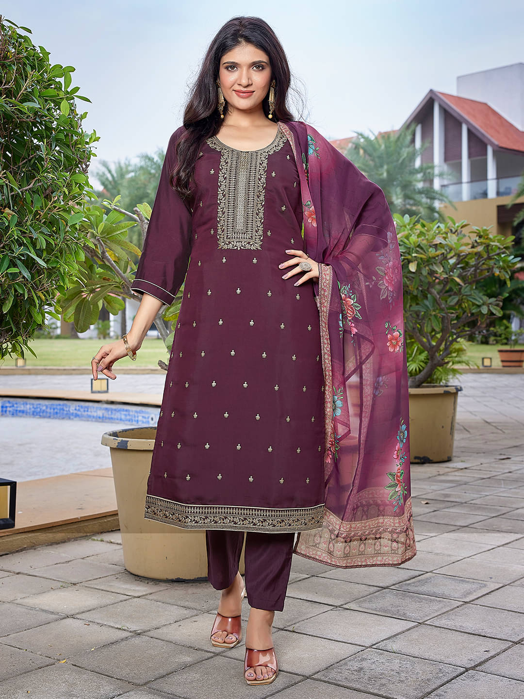 Royal Export Viscose Embroidered Kurti With Pants Women's Stitched Salwar Suit - Wine ( Pack of 1 ) Royal Export Viscose Embroidered Kurti With Pants Women's Stitched Salwar Suit - Wine ( Pack of 1 )