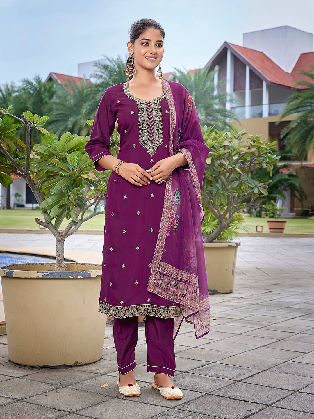     			Royal Export Viscose Embroidered Kurti With Pants Women's Stitched Salwar Suit - Purple ( Pack of 1 )