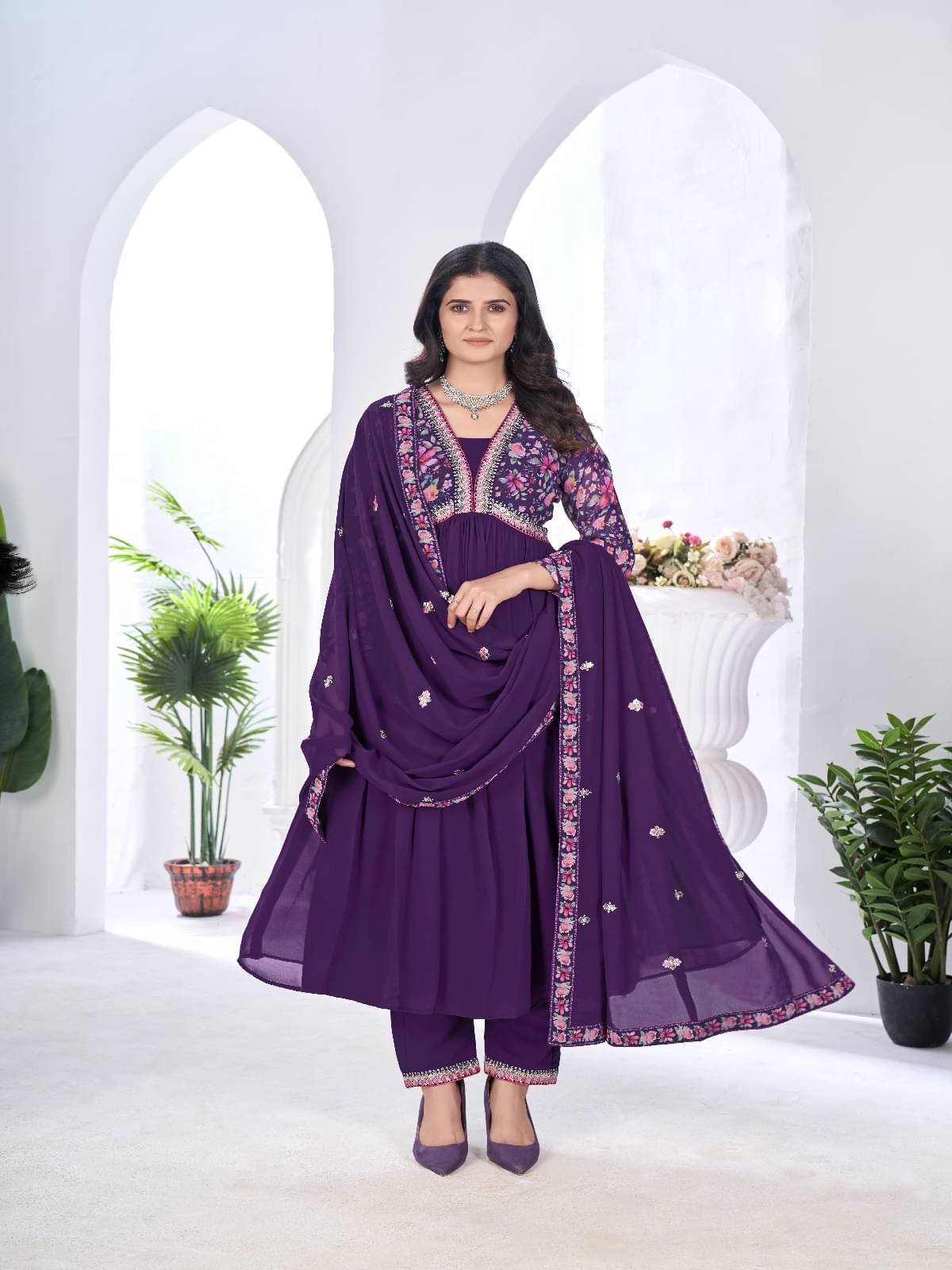 Varni Fabrics Georgette Printed Kurti With Pants Women's Stitched Salwar Suit - Wine ( Pack of 1 ) Varni Fabrics Georgette Printed Kurti With Pants Women's Stitched Salwar Suit - Wine ( Pack of 1 )