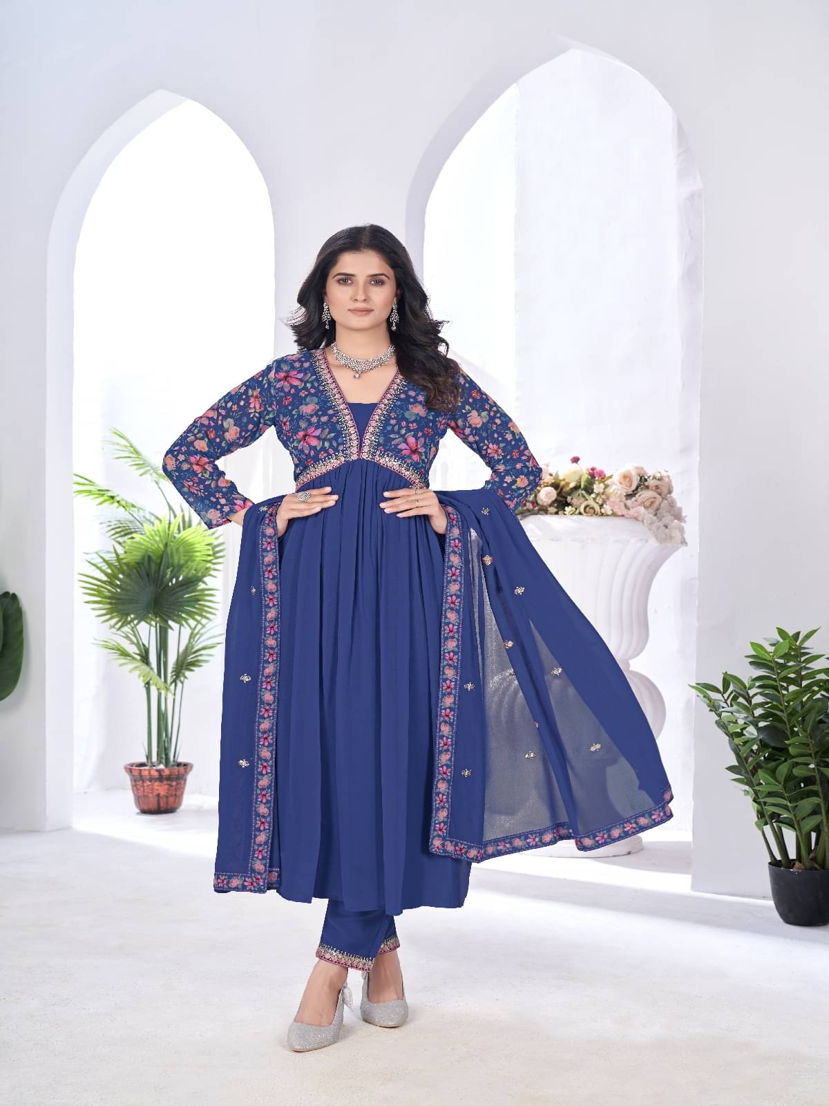 Varni Fabrics Georgette Printed Kurti With Pants Women's Stitched Salwar Suit - Blue ( Pack of 1 ) Varni Fabrics Georgette Printed Kurti With Pants Women's Stitched Salwar Suit - Blue ( Pack of 1 )