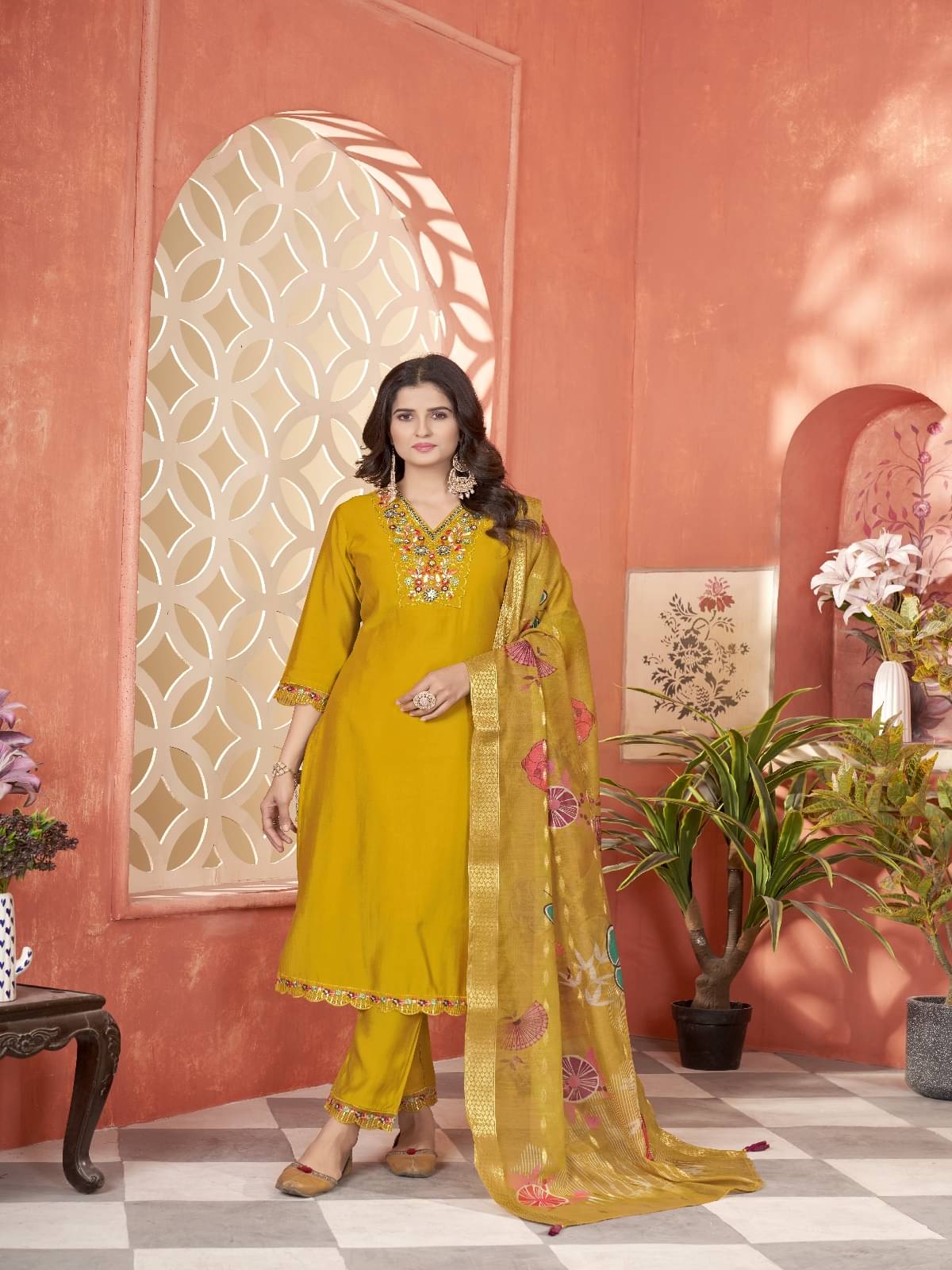     			Varni Fabrics Silk Embroidered Kurti With Pants Women's Stitched Salwar Suit - Mustard ( Pack of 1 )