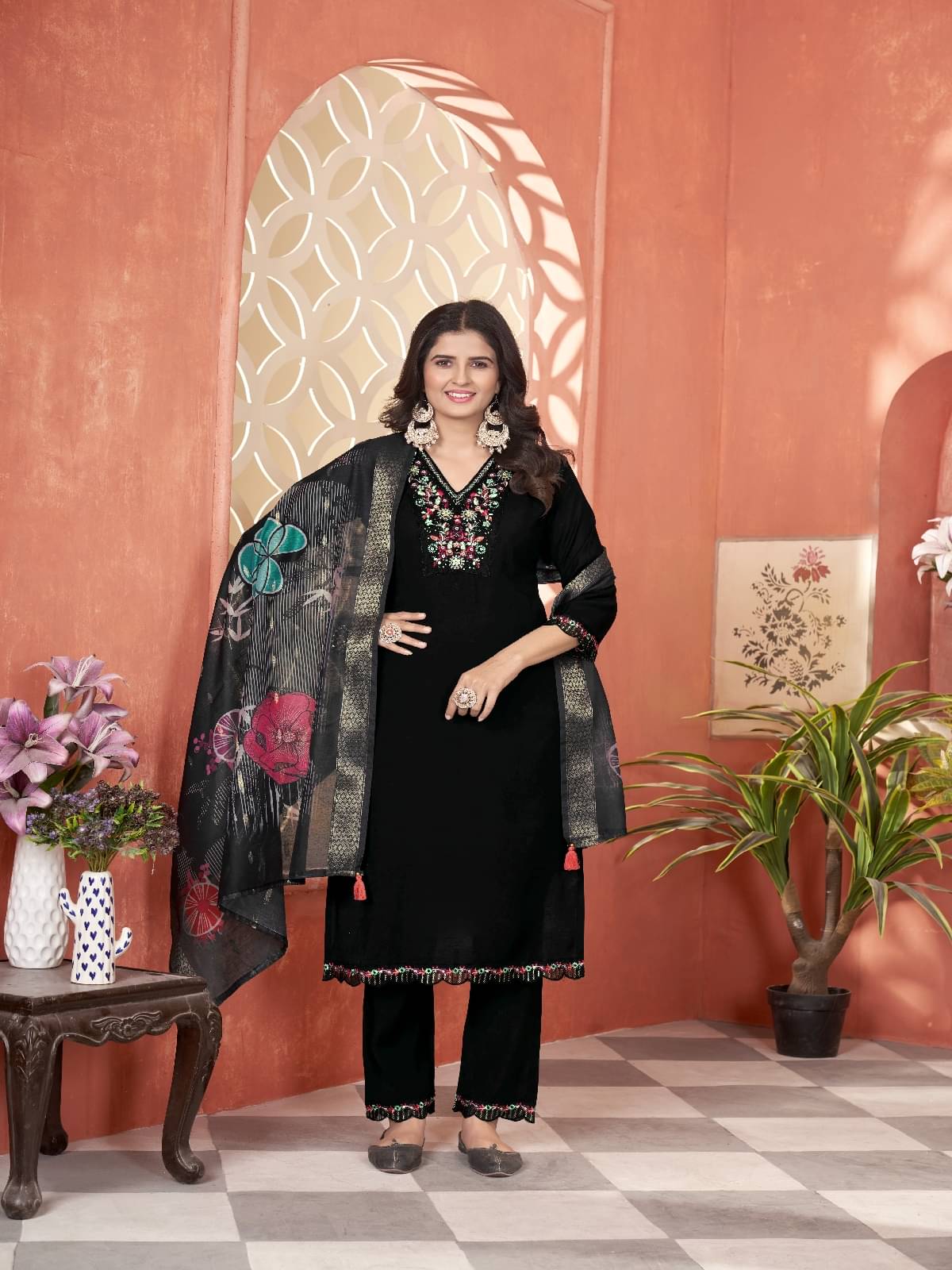 Varni Fabrics Silk Embroidered Kurti With Pants Women's Stitched Salwar Suit - Black ( Pack of 1 ) Varni Fabrics Silk Embroidered Kurti With Pants Women's Stitched Salwar Suit - Black ( Pack of 1 )
