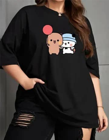 ekadravin Women Cotton Printed Oversized Fit Round Neck T-Shirt ( Black )