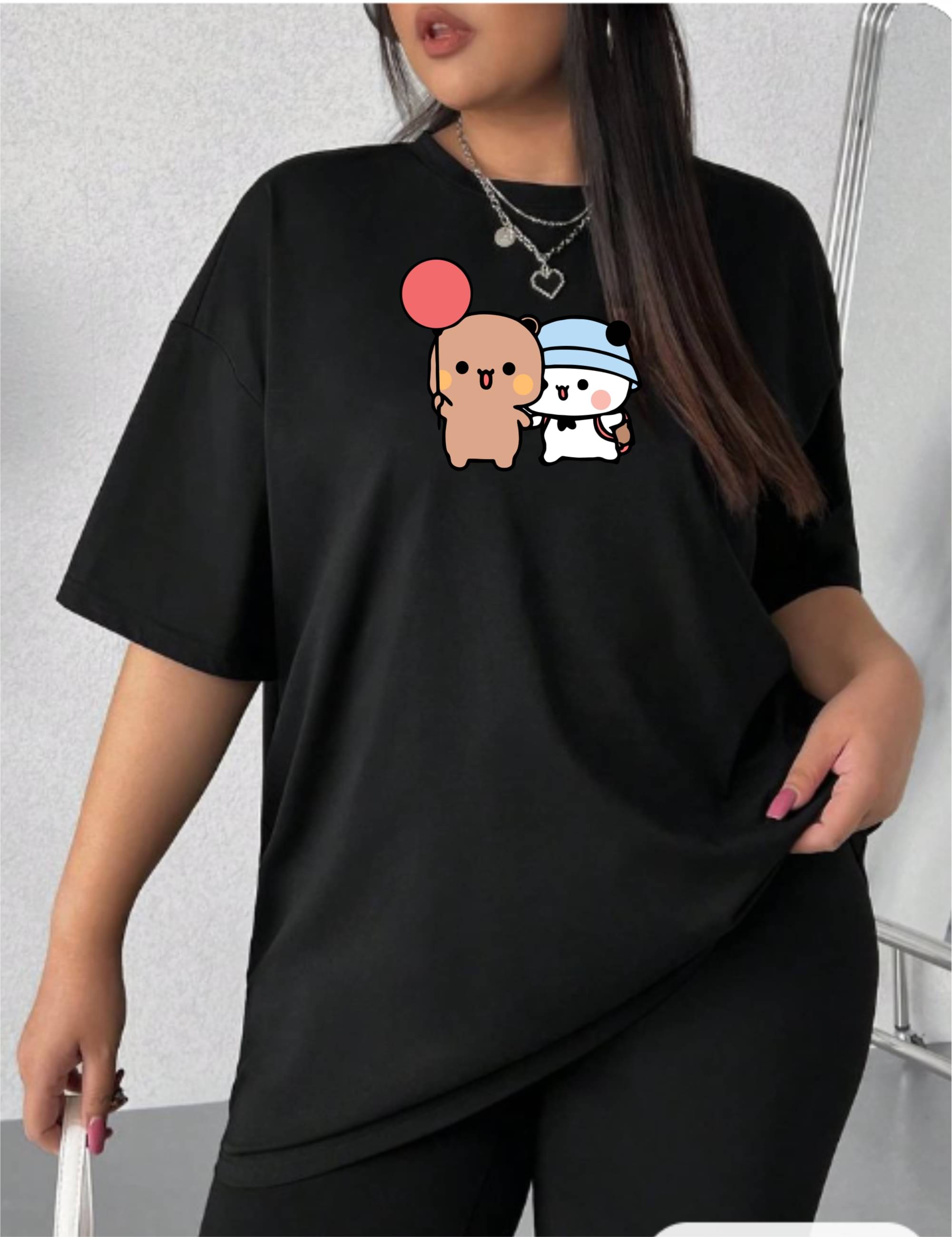     			ekadravin Women Cotton Printed Oversized Fit Round Neck T-Shirt ( Black )