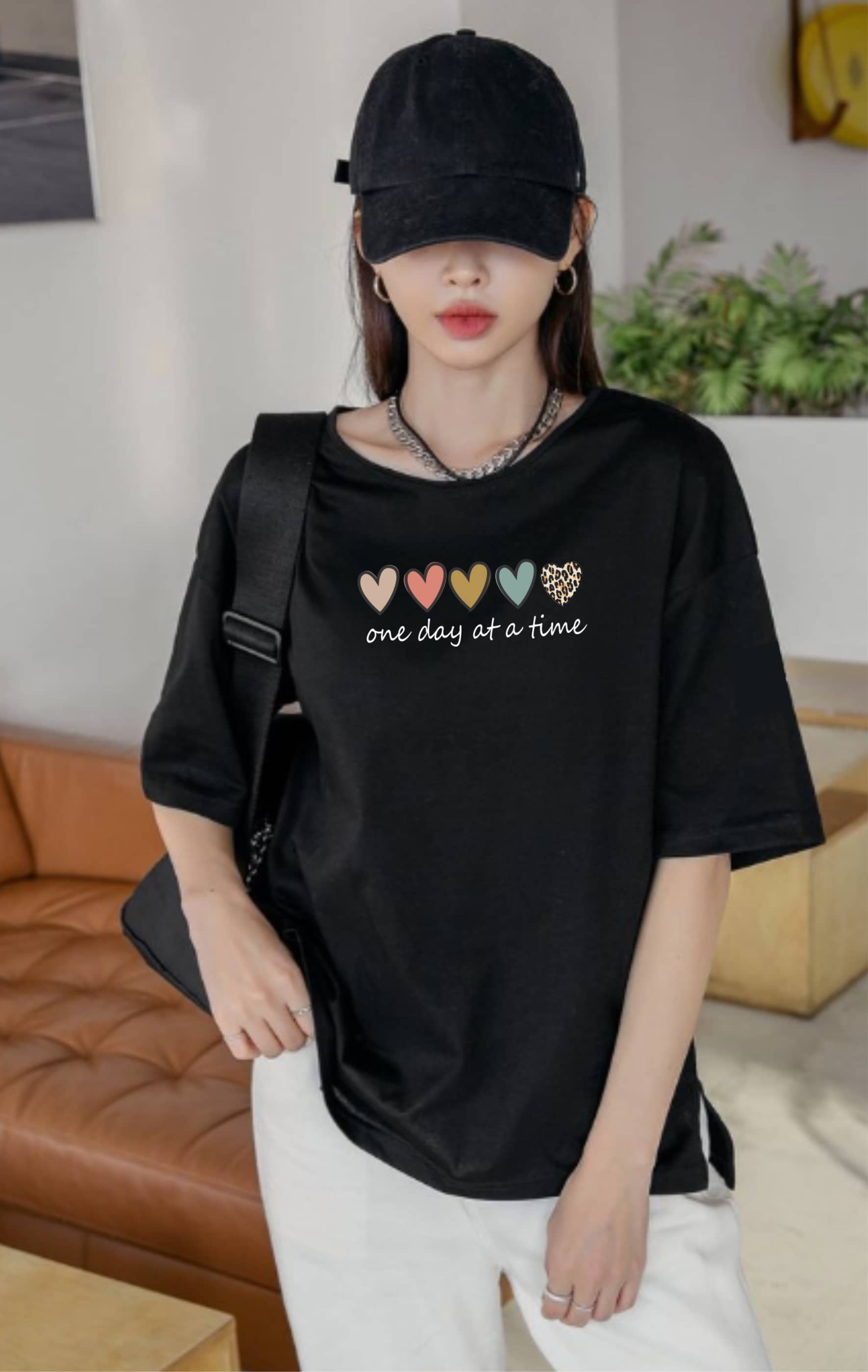 ekadravin Women Cotton Printed Oversized Fit Round Neck T-Shirt ( Black )