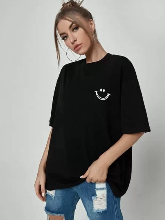 ekadravin Women Cotton Printed Oversized Fit Round Neck T-Shirt ( Black )