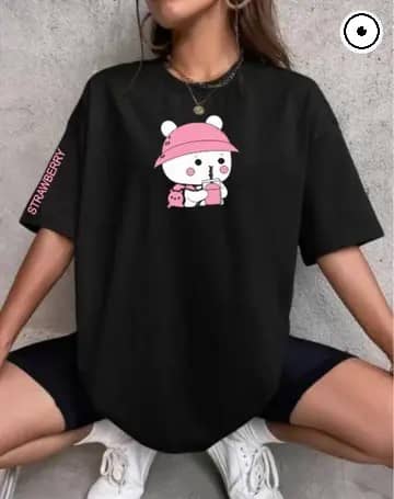 ekadravin Women Cotton Printed Oversized Fit Round Neck T-Shirt ( Black )