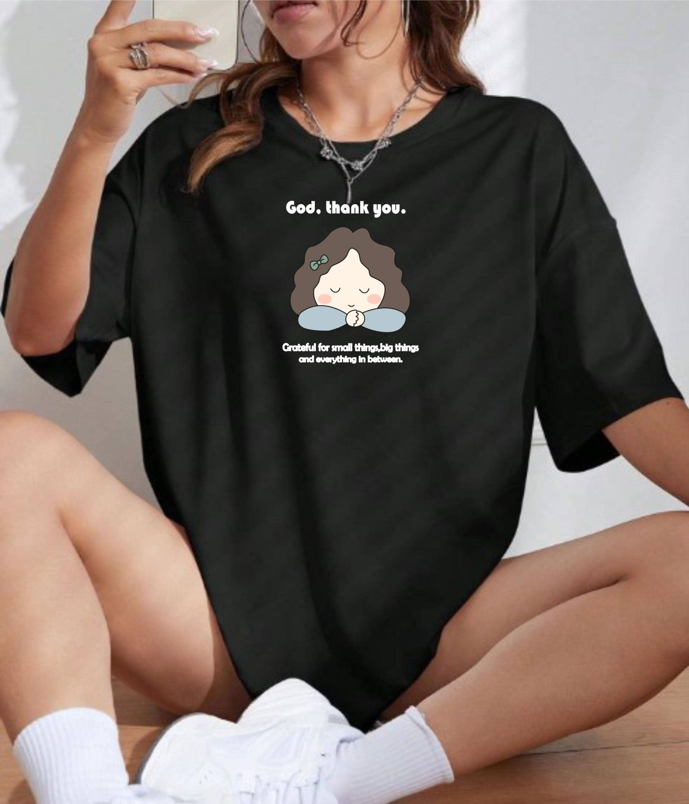 ekadravin Women Cotton Printed Oversized Fit Round Neck T-Shirt ( Black )