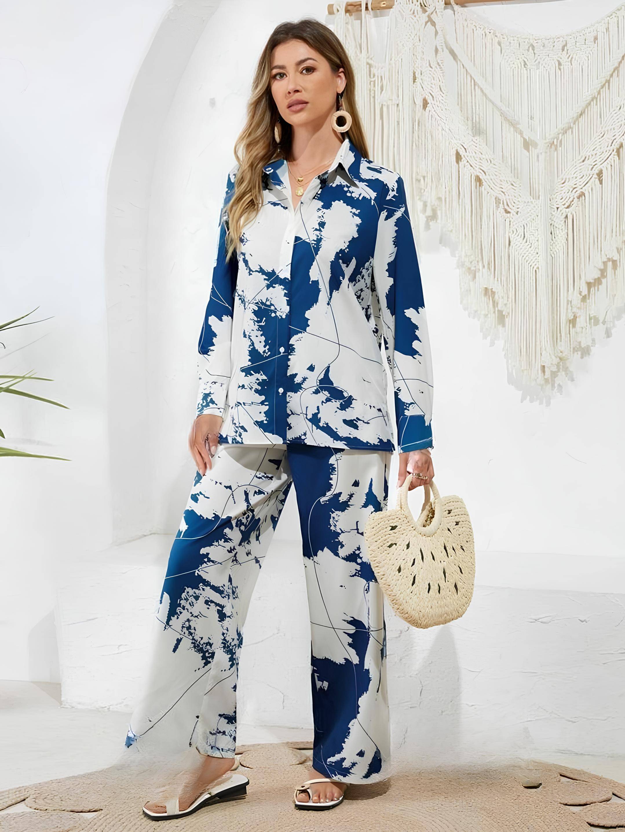     			gufrina Women Printed Shirt With Trousers Co-Ord Set ( Blue )