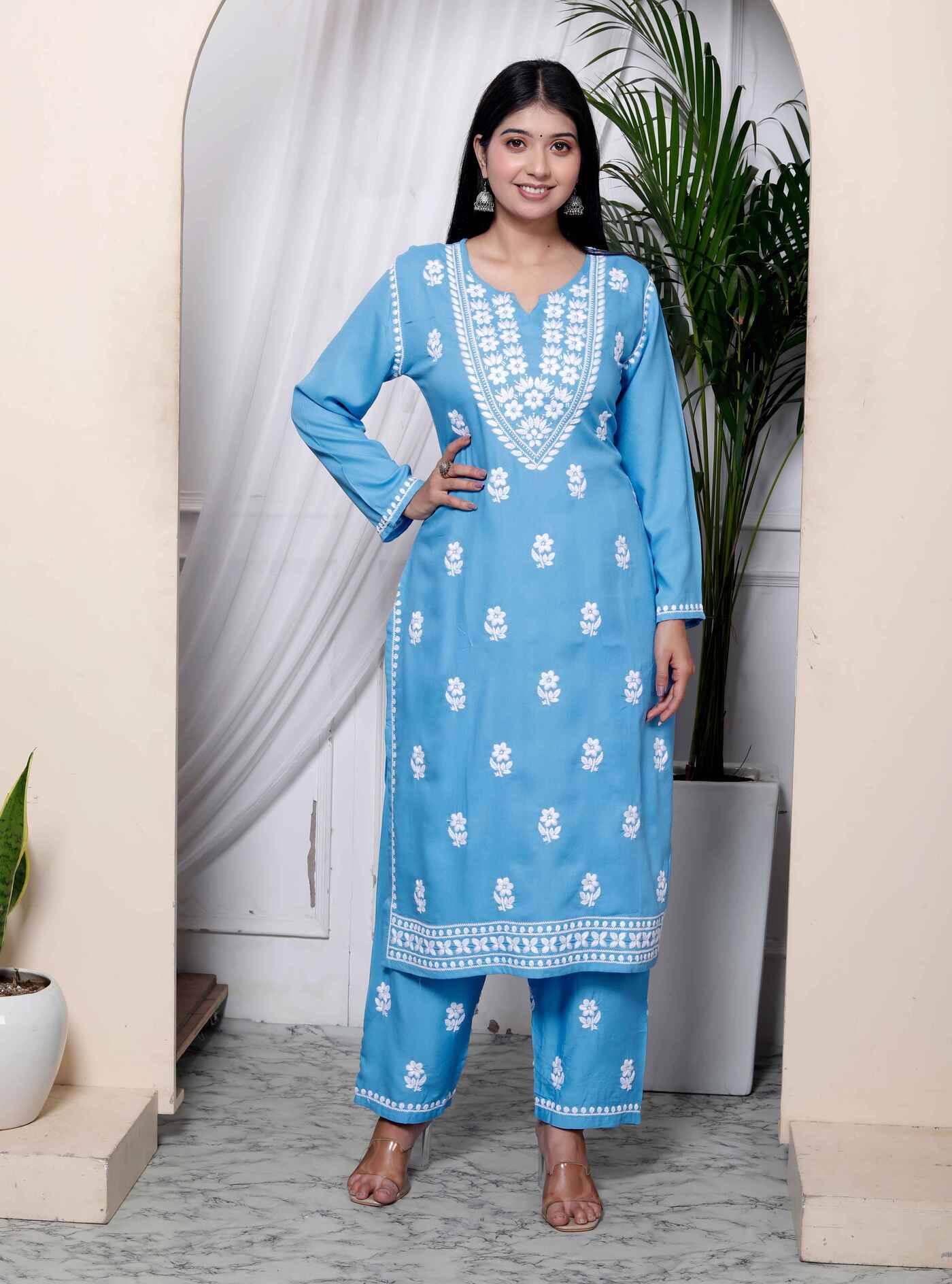 miravan Cotton Embroidered Kurti With Palazzo Women's Stitched Salwar Suit - Light Blue ( Pack of 1 ) miravan Cotton Embroidered Kurti With Palazzo Women's Stitched Salwar Suit - Light Blue ( Pack of 1 )
