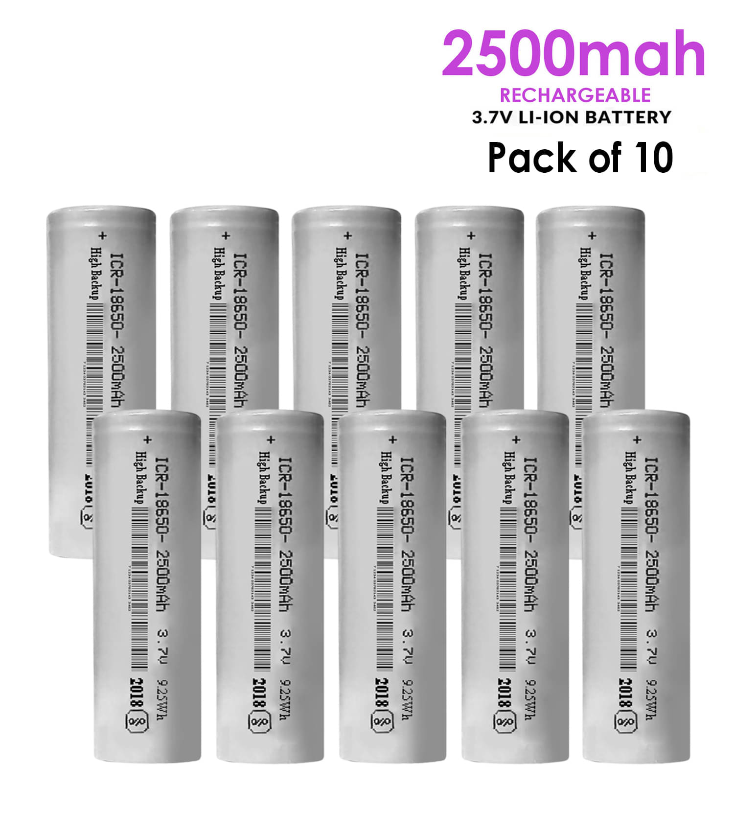     			A Grade 18650 2500mAh Rechargeable Li-ion Battery ( Pack of 10 ).