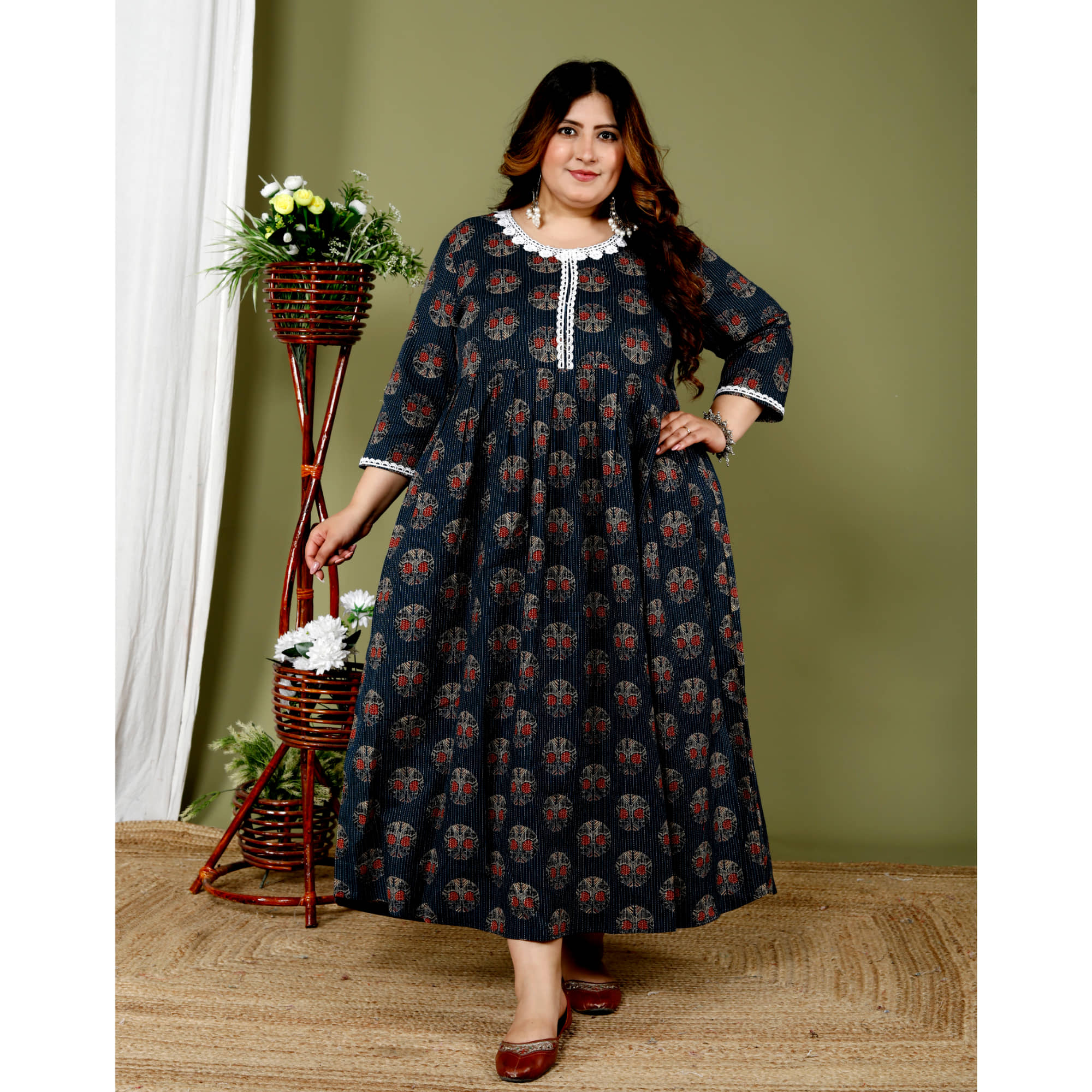 Avnii Women Cotton Printed Fit & Flare Dress ( Blue )