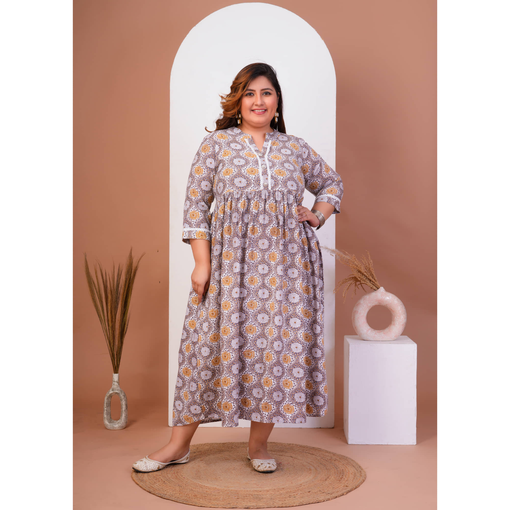 Avnii Women Cotton Printed Fit & Flare Dress ( Grey )