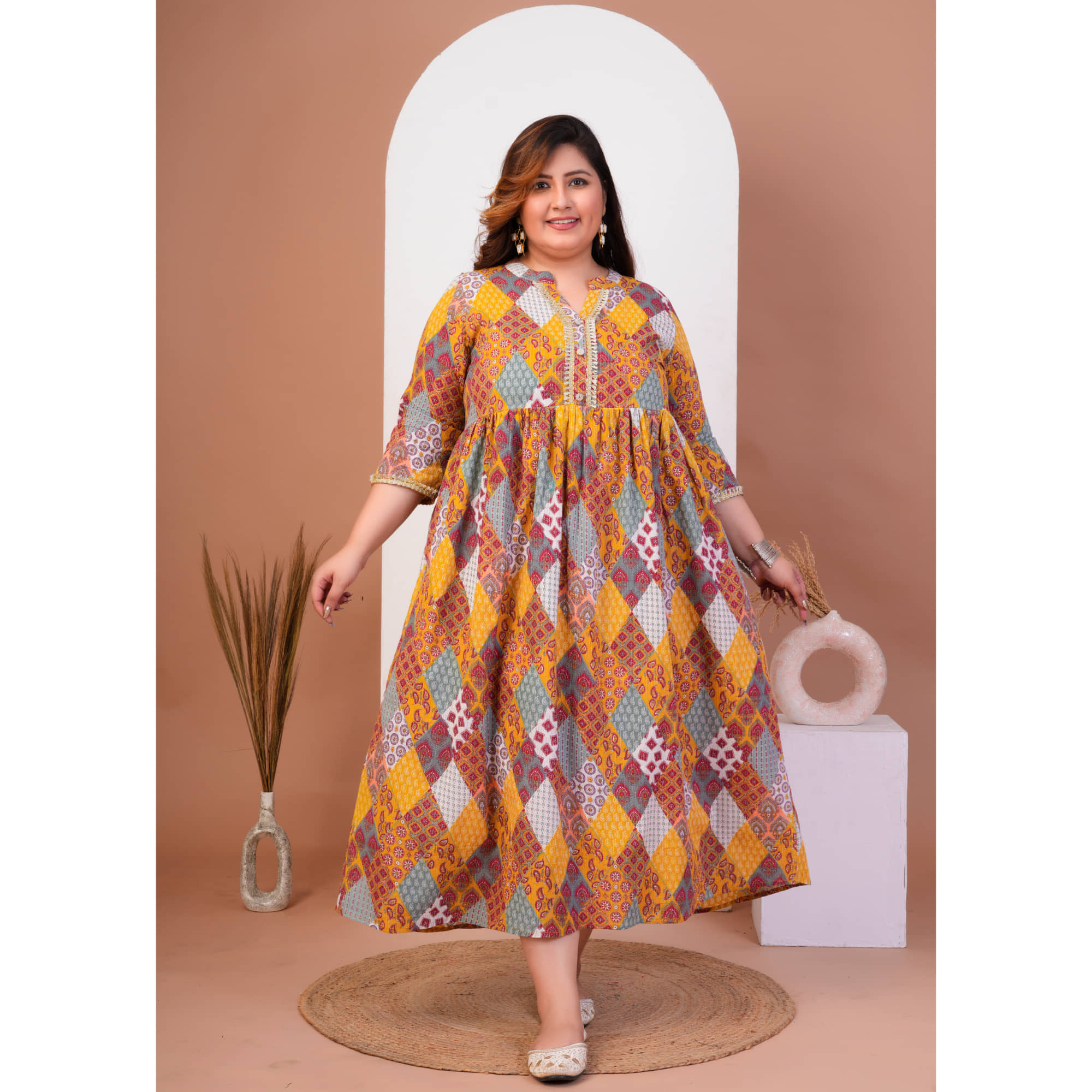 Avnii Cotton Printed Midi Women's Fit & Flare Dress - Multi Color ( Pack of 1 )