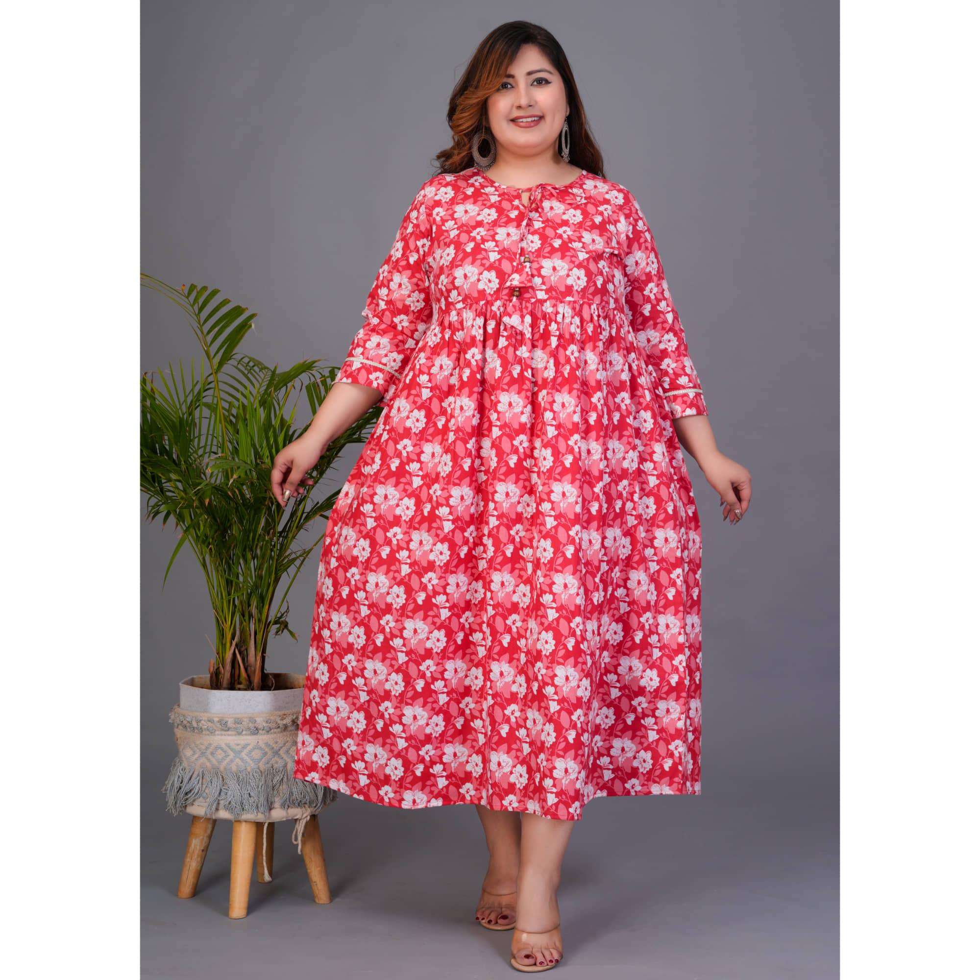 Avnii Women Cotton Printed Fit & Flare Dress ( Red )