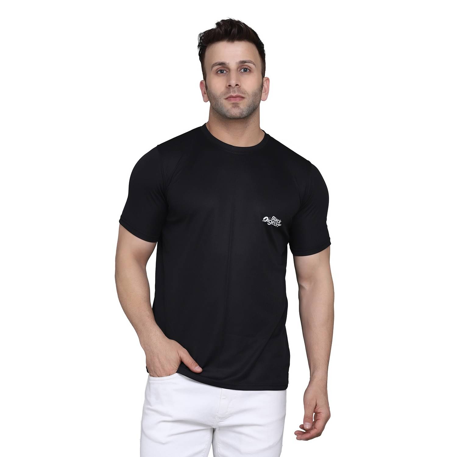     			Black Pigeon Polyester Regular Fit Solid Half Sleeves Men's Round T-Shirt - Black ( Pack of 1 )
