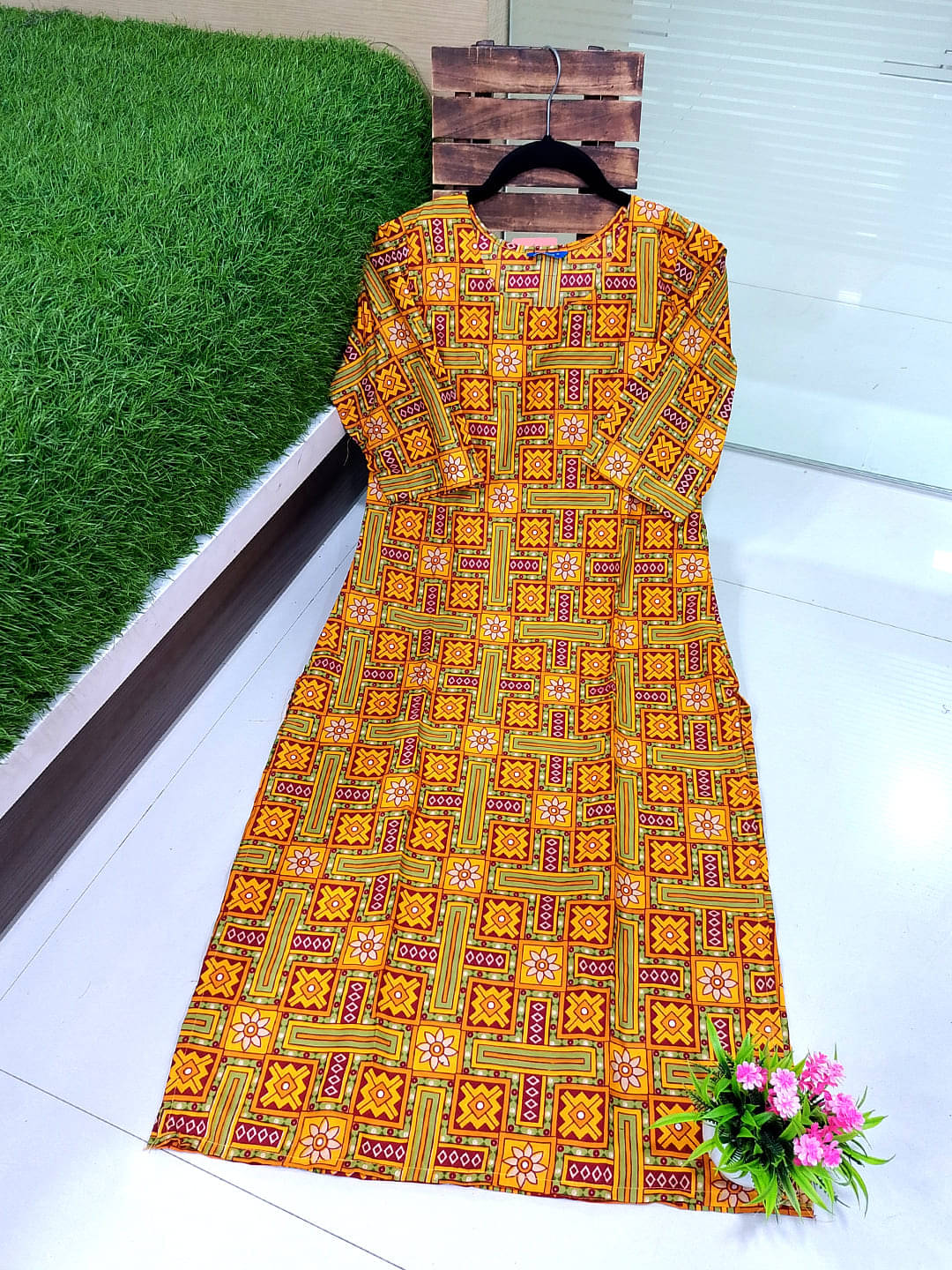 Ethnicbasket Pack of 1 Crepe Printed Straight Women's Kurti - ( Mustard )     			Ethnicbasket Pack of 1 Crepe Printed Straight Women's Kurti - ( Mustard )