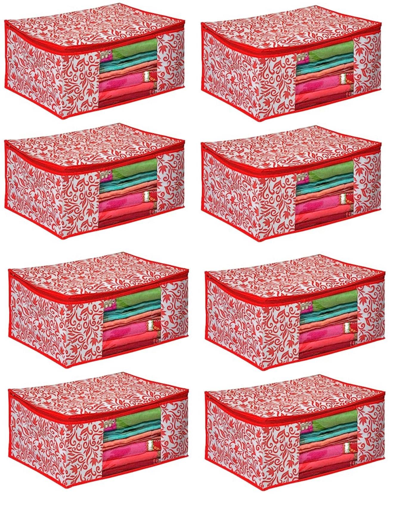 Non-Woven Saree Cover Cloth Storage & Organizer ( Pack of 8 ) Red Multi Saree Cover