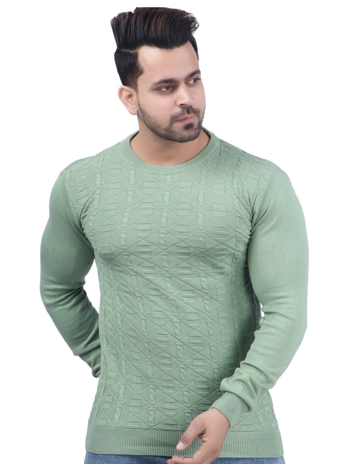 FEVERFEW Cotton Blend Round Neck Men's Full Sleeves Pullover Sweater - Green ( Pack of 1 )     			FEVERFEW Cotton Blend Round Neck Men's Full Sleeves Pullover Sweater - Green ( Pack of 1 )