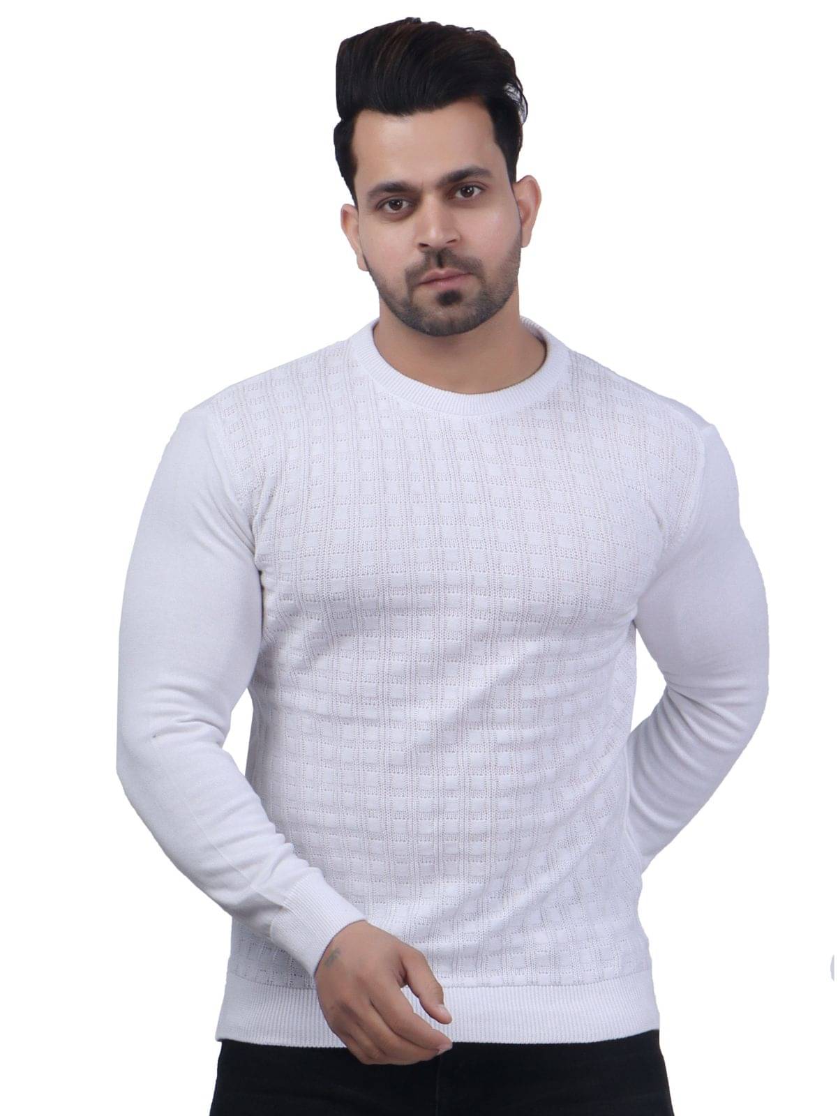 FEVERFEW Cotton Blend Round Neck Men's Full Sleeves Pullover Sweater - White ( Pack of 1 ) FEVERFEW Cotton Blend Round Neck Men's Full Sleeves Pullover Sweater - White ( Pack of 1 )