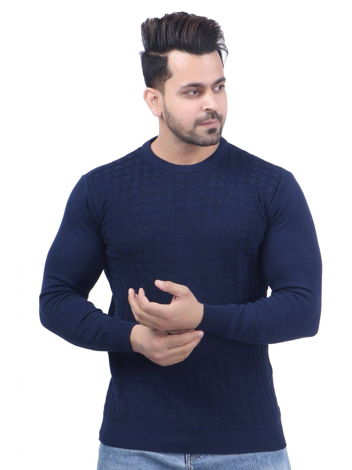 FEVERFEW Cotton Blend Round Neck Men's Full Sleeves Pullover Sweater - Navy ( Pack of 1 ) FEVERFEW Cotton Blend Round Neck Men's Full Sleeves Pullover Sweater - Navy ( Pack of 1 )