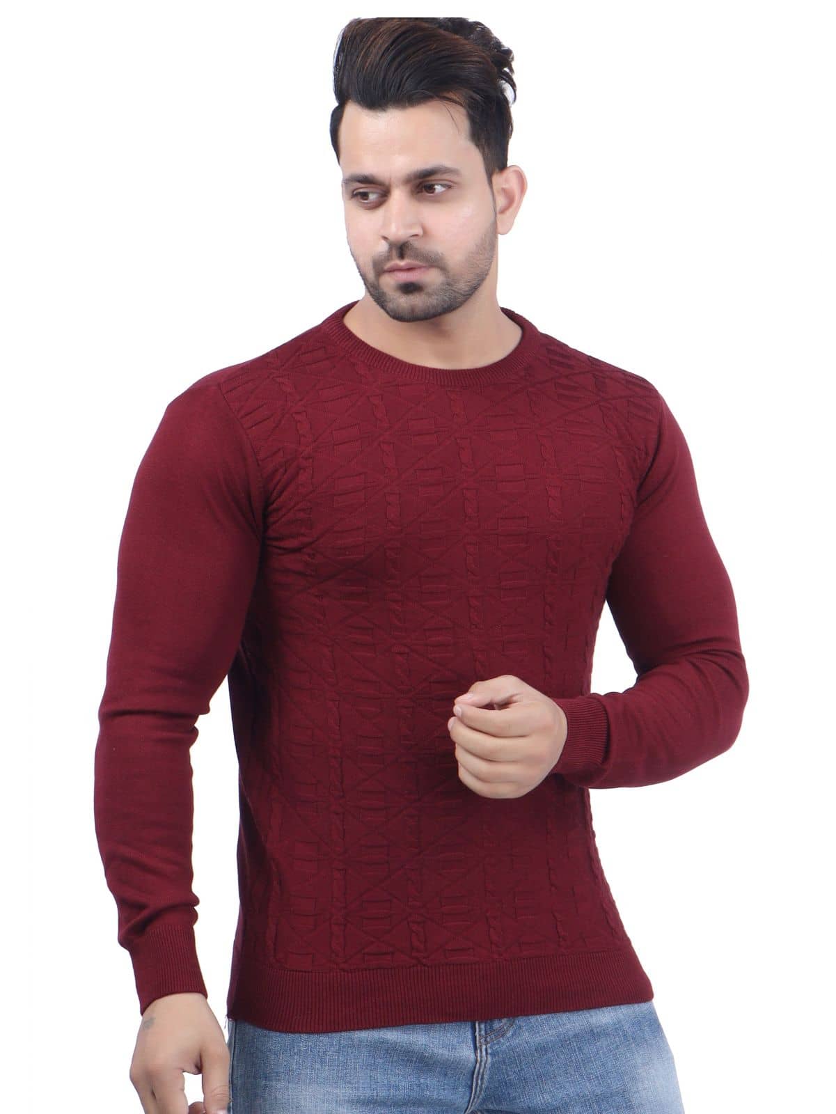FEVERFEW Cotton Blend Round Neck Men's Full Sleeves Pullover Sweater - Maroon ( Pack of 1 )