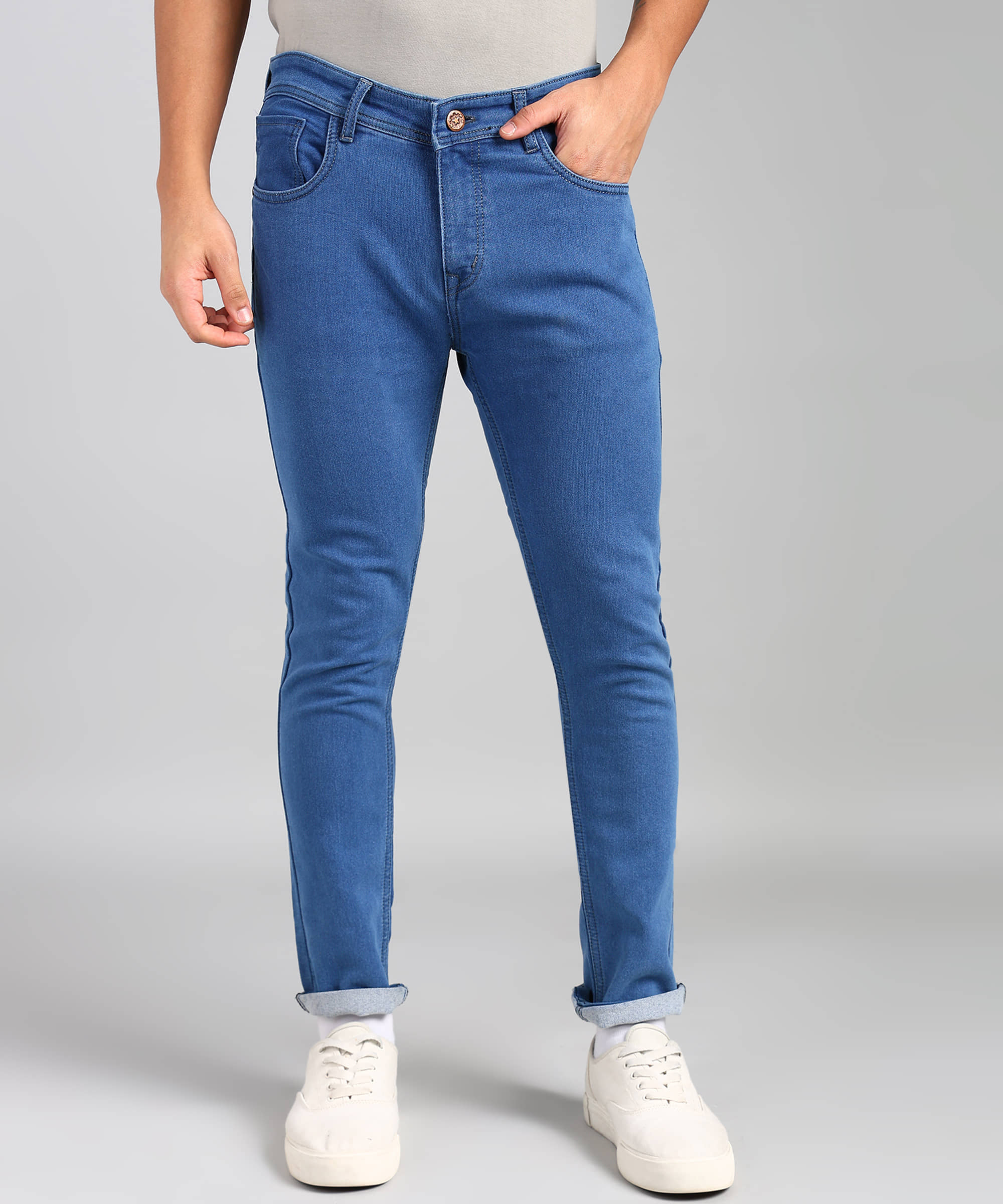 POKHINDA Slim Fit Cuffed Hem Men's Jeans - Blue ( Pack of 1 ) - Jeans | Buy online on ZillyBuy